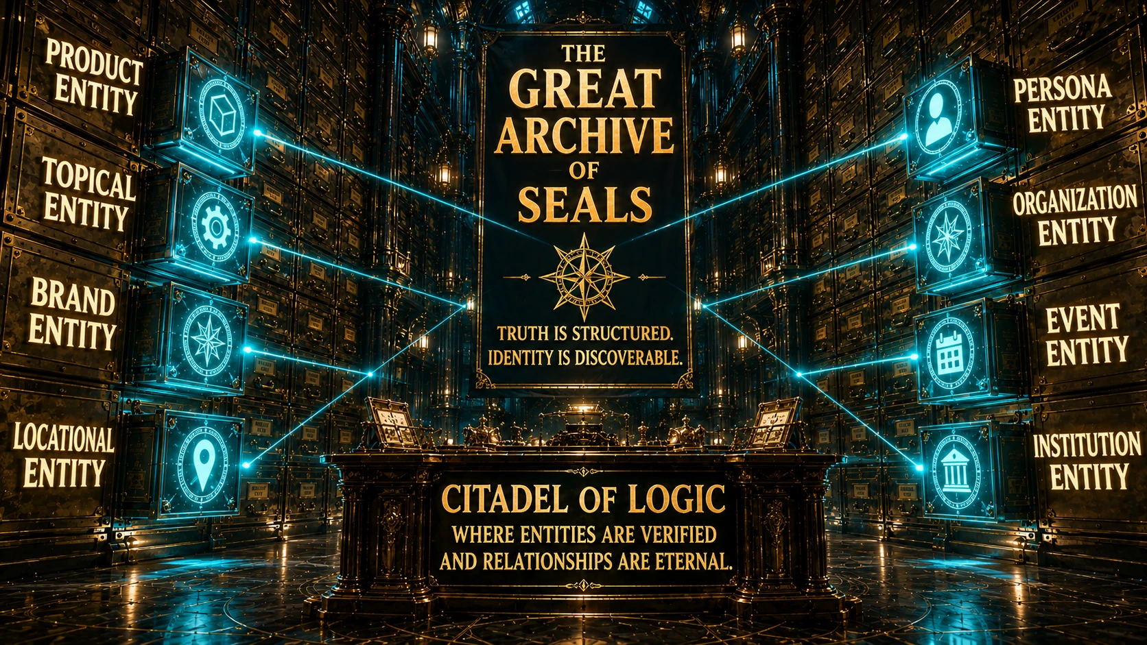 A grand archive room with walls of brass drawers, where certain drawers are illuminated with glowing Teal seals connected by thin beams of light