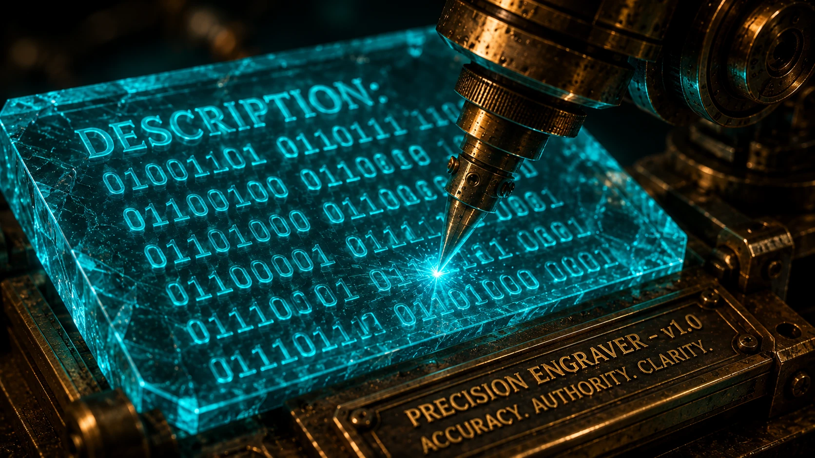 A close-up of a mechanical brass stylus engraving precise binary code into a glowing Teal crystalline tablet