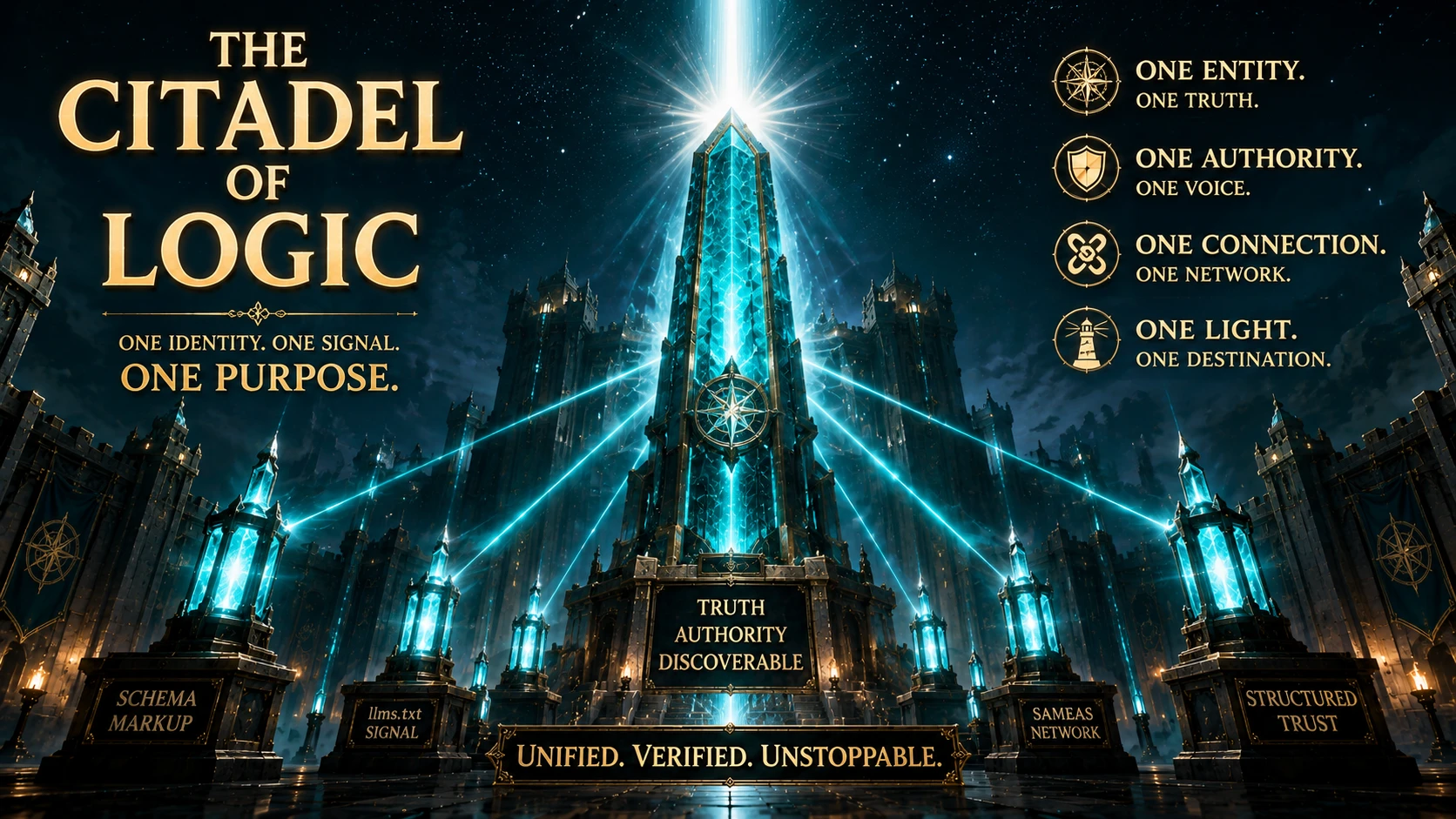 A towering crystalline Teal obelisk in the center of a stone citadel, projecting a single beam of pure white light into the heavens