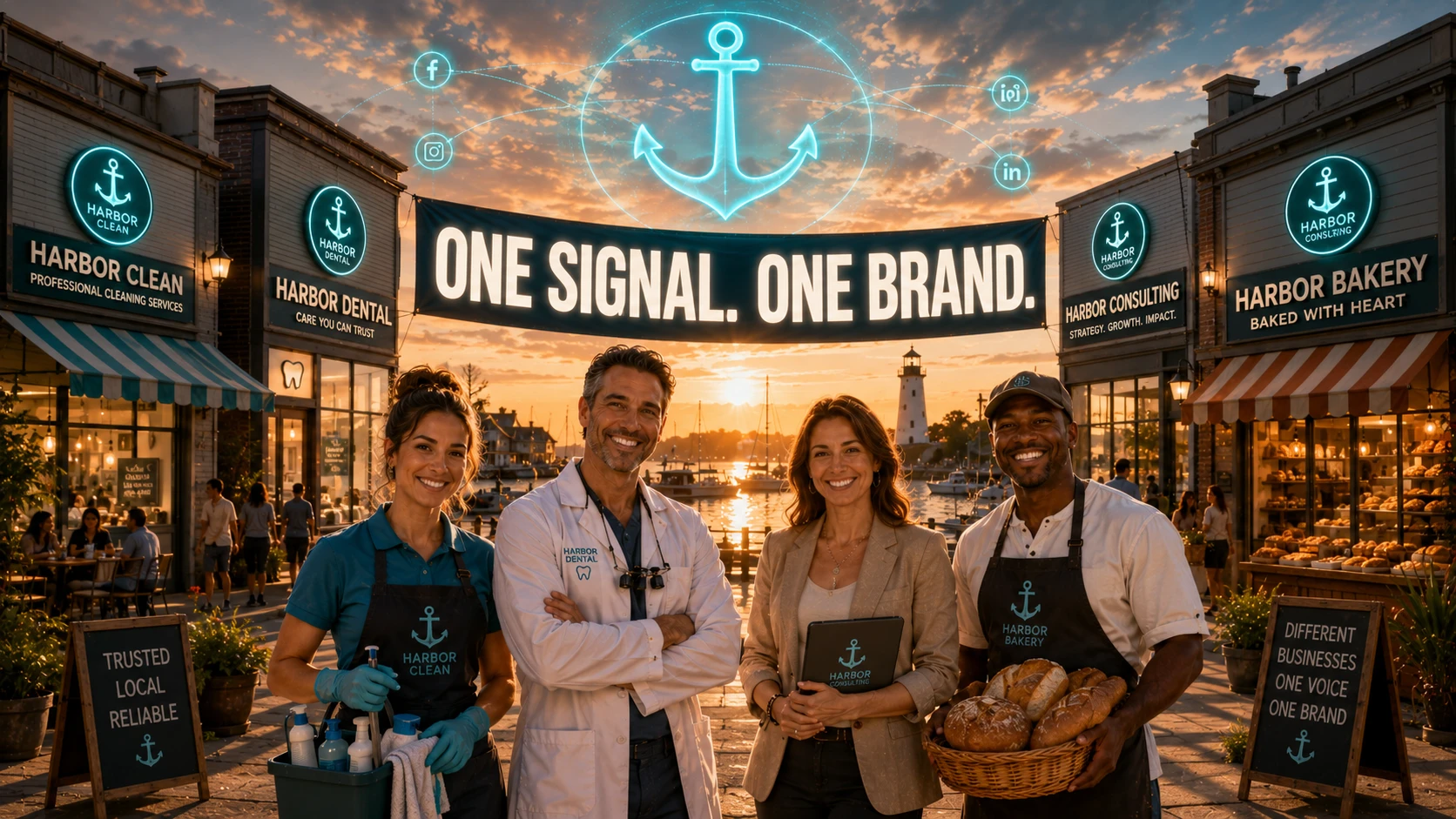 A diverse group of happy business owners standing in front of their clean, modern shops, all featuring a single, glowing Teal brand anchor in the sky
