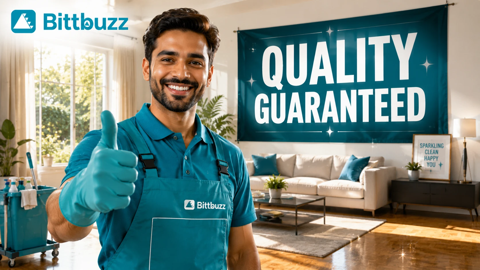 A happy cleaning professional in a branded uniform giving a 'thumbs up' in a sparkling clean, sunlit living room