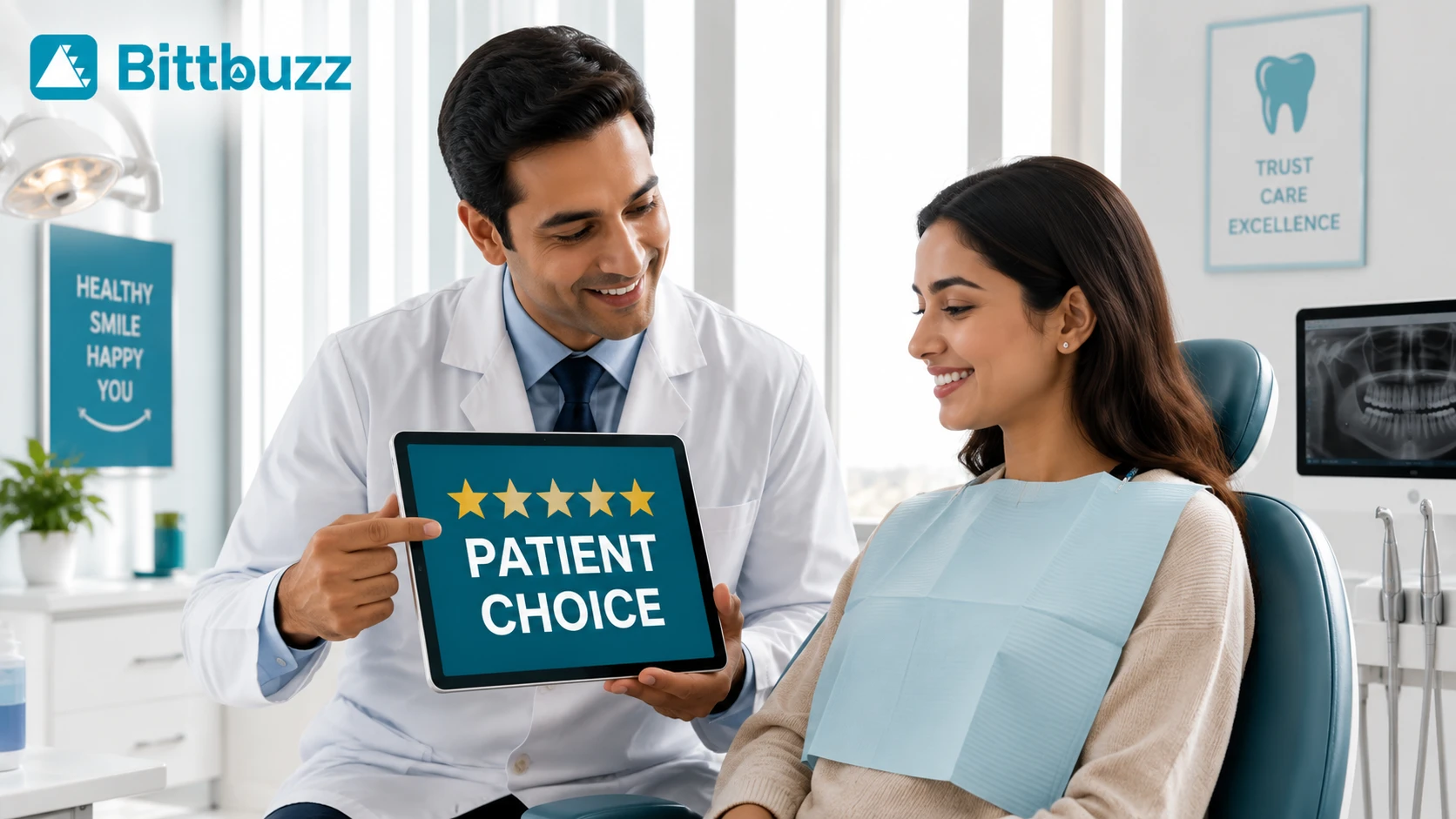 A professional dentist and a happy patient looking at a tablet together in a modern, clean clinic