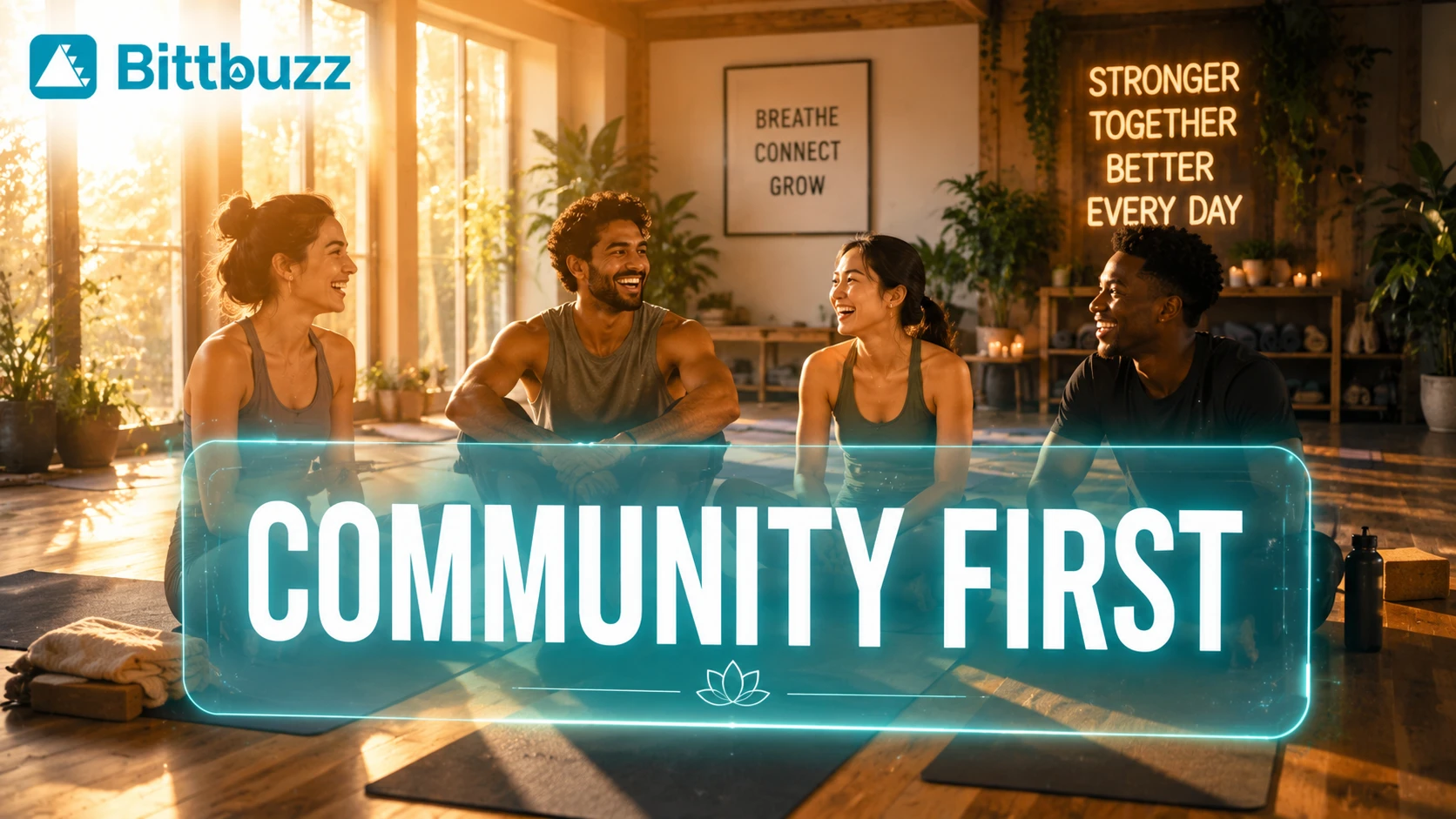 A group of happy people in a yoga studio, laughing together after a class, representing a thriving wellness community