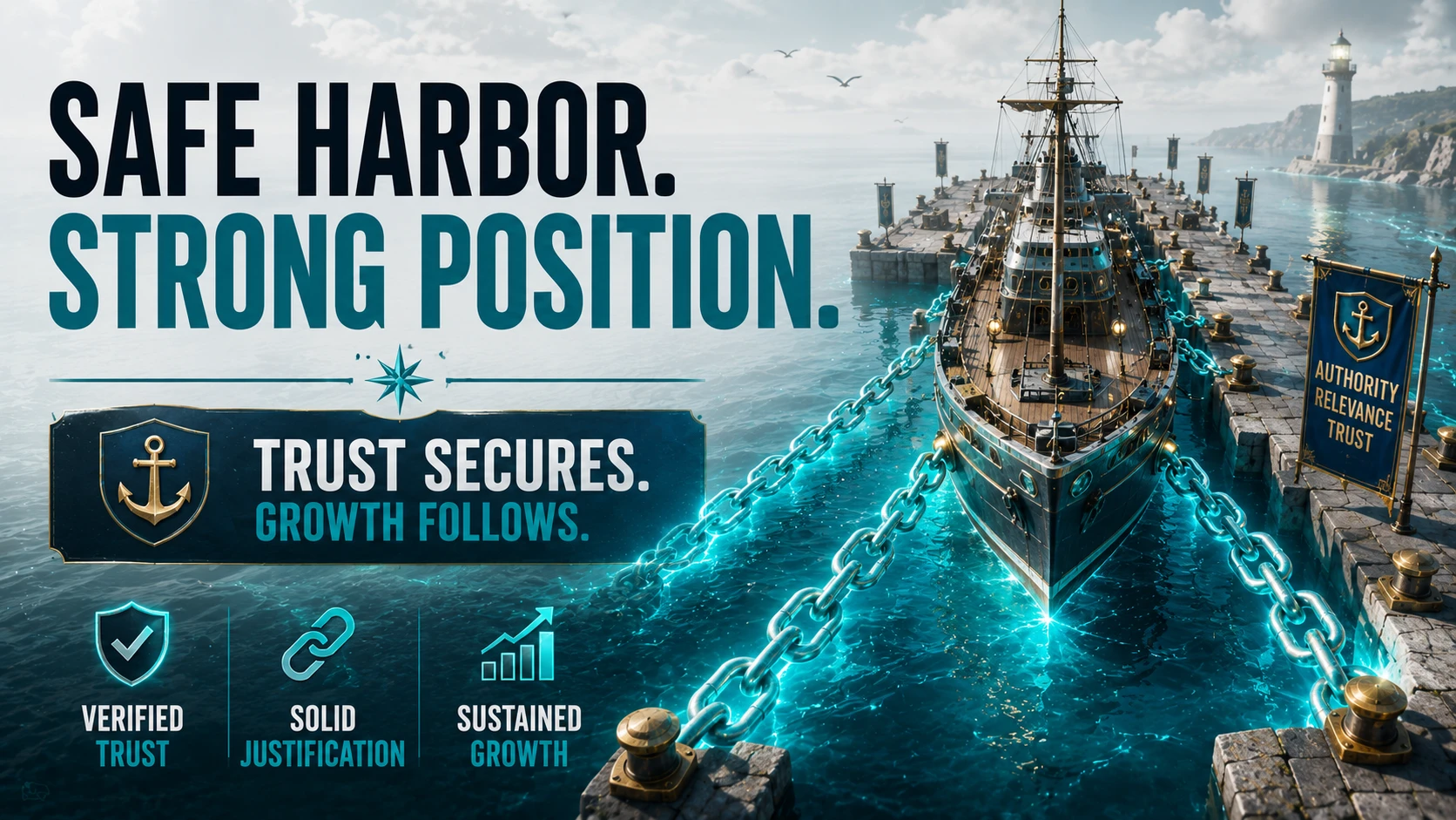 A bird's-eye view of a ship safely docked in a crystalline Teal harbor, secured by heavy glowing chains