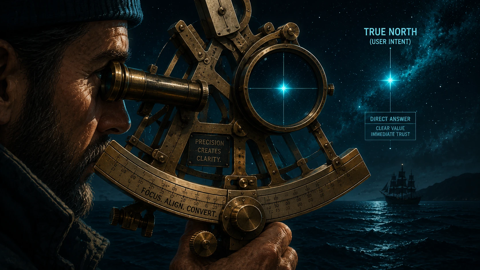 Close-up of a navigator's eye looking through a brass sextant that is focused on a bright Teal star