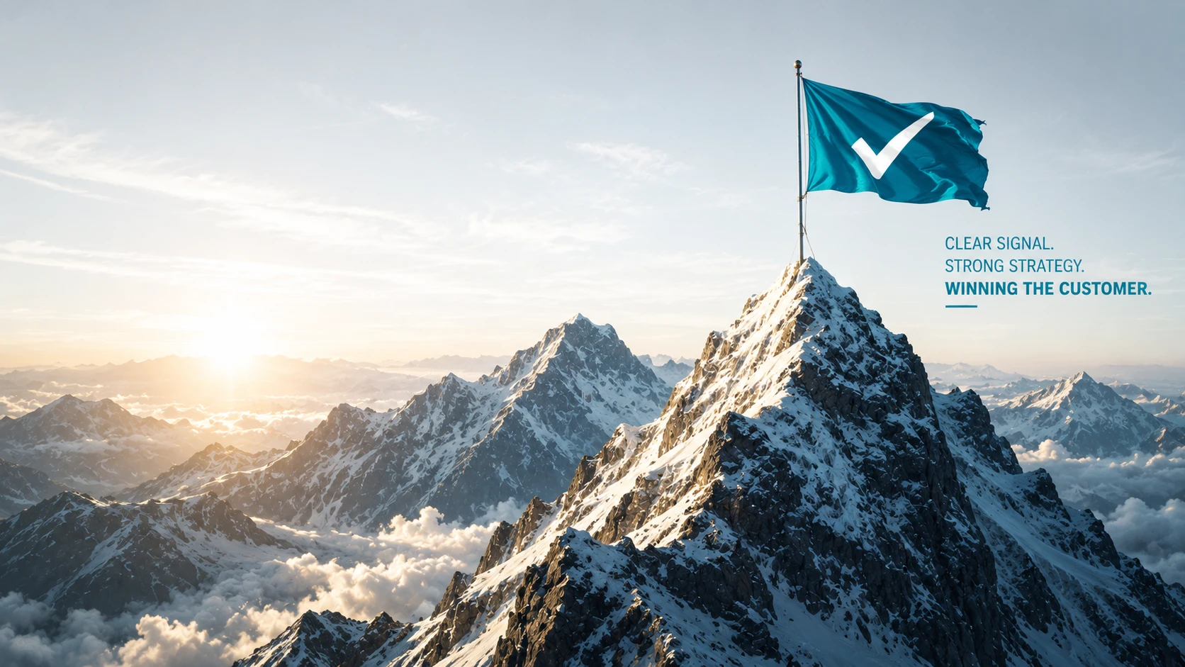 A wide shot of a mountain peak where a vibrant Teal flag is planted, waving in the sunlight
