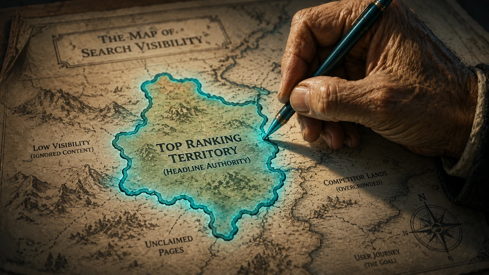 Close-up of a cartographer's hand drawing a bold Teal border around a golden territory on a parchment map