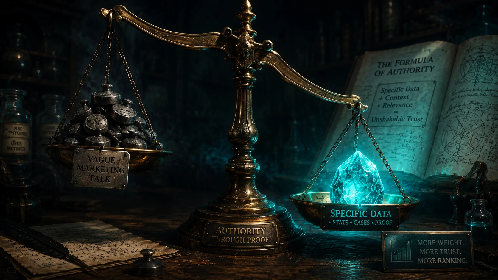 An alchemist's brass scale where a single Teal crystal (Data) outweighs a pile of gray lead (Vague text)