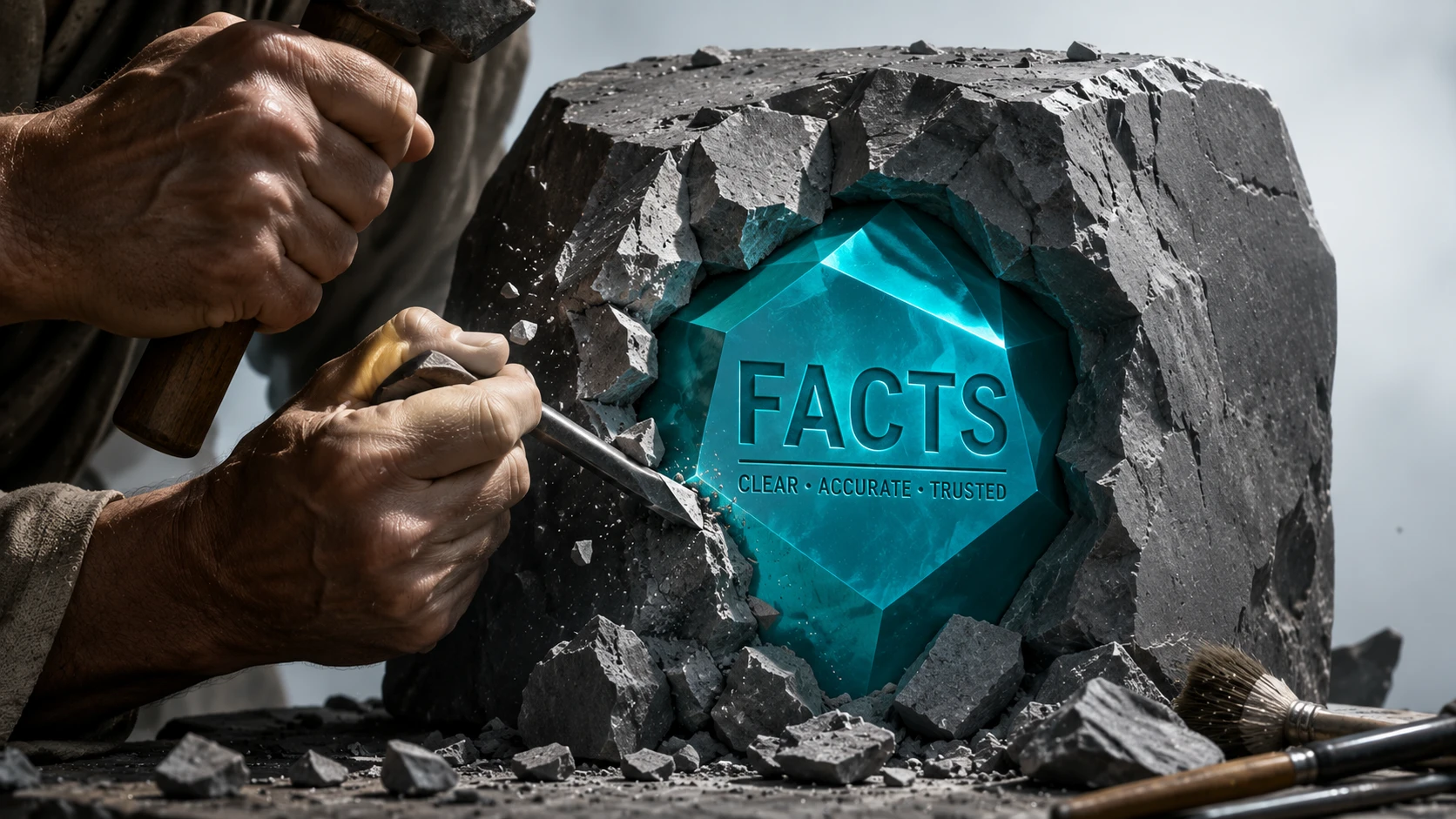 A sculptor's hands chipping away rough gray stone to reveal a perfectly smooth Teal statue labeled 'FACTS'