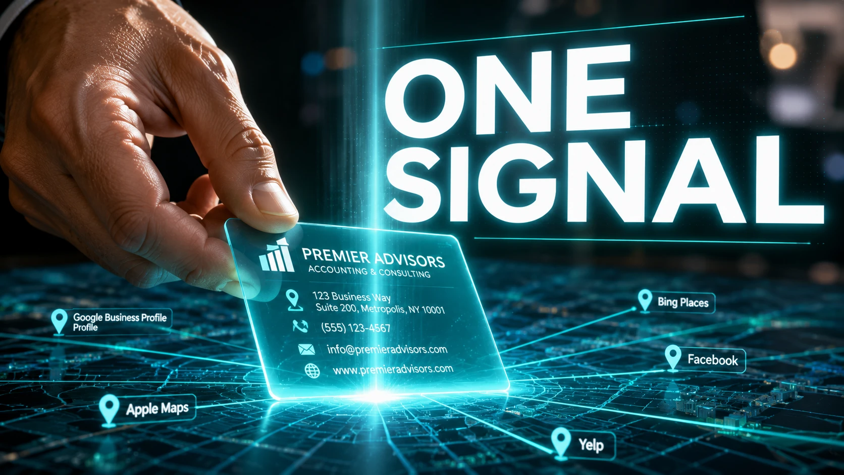 A close-up of a human hand placing a glowing Teal business card onto a digital map, with large text reading ONE SIGNAL