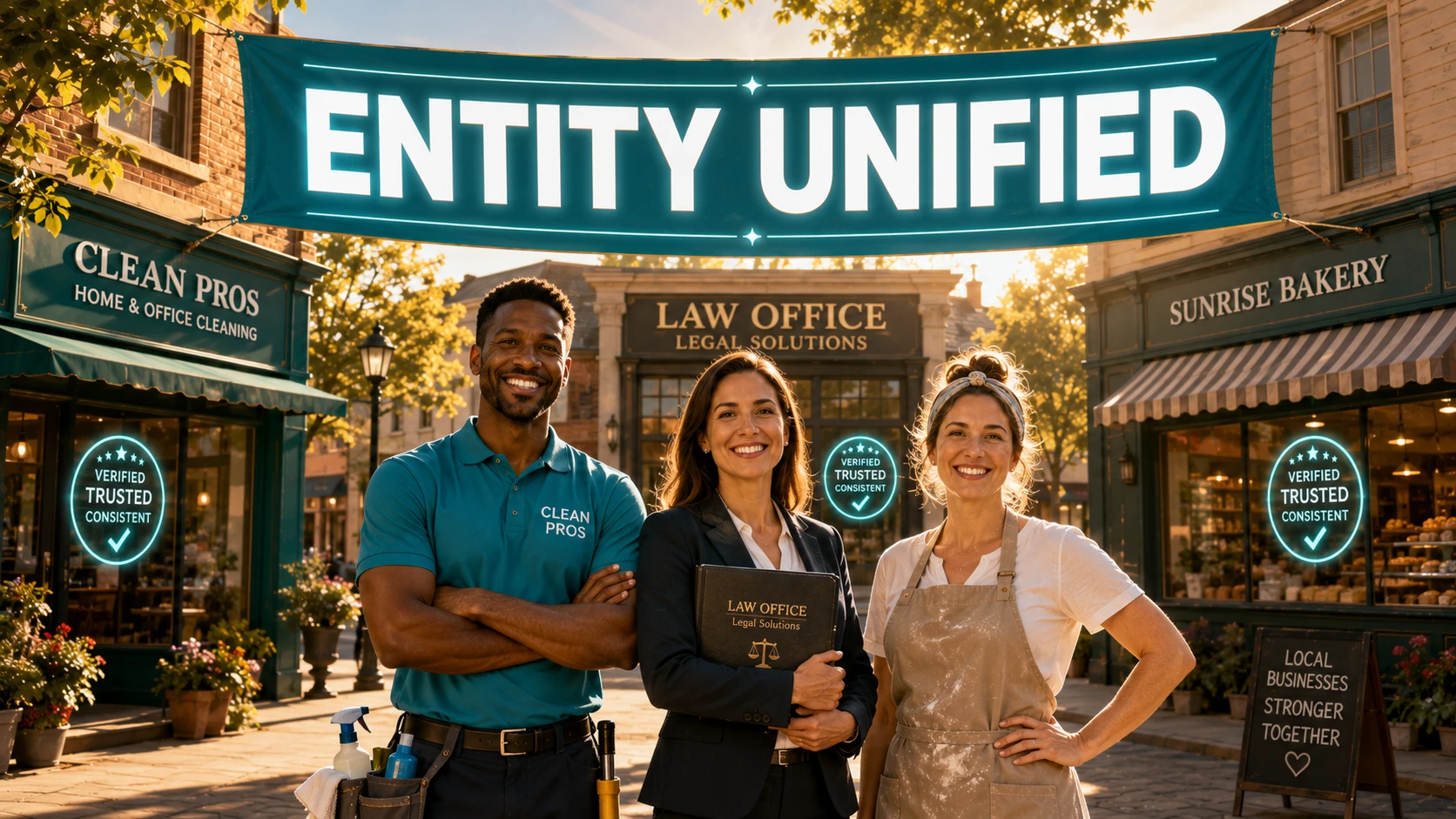 A diverse group of happy business owners—a cleaner, a lawyer, and a baker—standing together in a sunlit town square, with a large UNITY banner