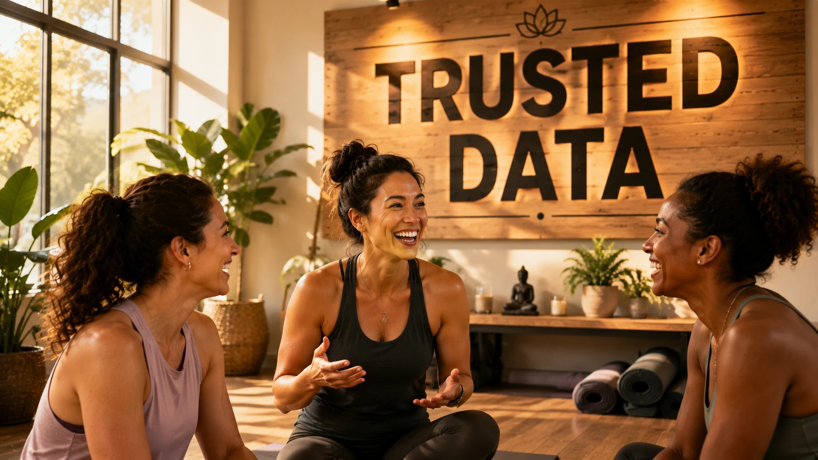 A happy female yoga studio owner laughing with two clients in a sunlit studio, with a large wall sign reading TRUSTED DATA