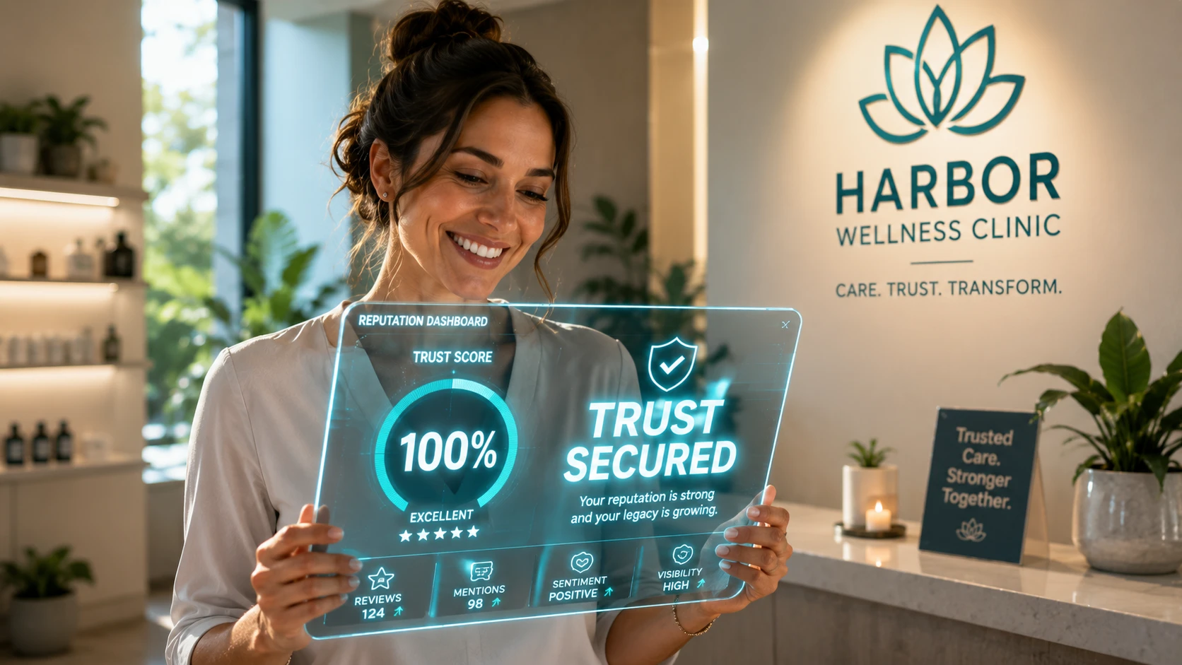 A happy female health clinic owner looking at a large glass tablet that displays a 'Trust Score' of 100%