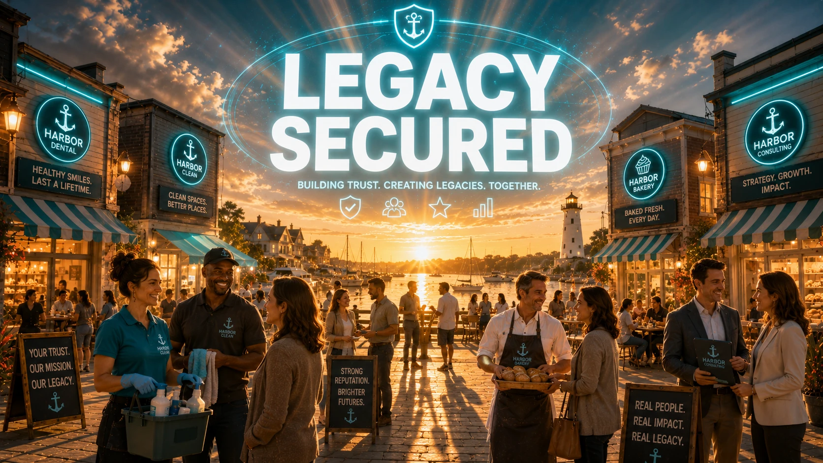 A cinematic wide shot of a bustling town harbor with happy business owners and customers celebrating under a banner reading 'AUTHORITY SECURED'
