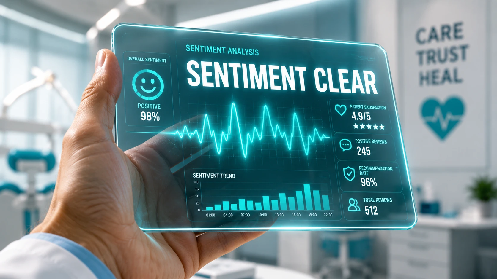 A close-up of a human hand holding a sleek glass tablet that displays a detailed, glowing Teal sentiment analysis chart for a health clinic