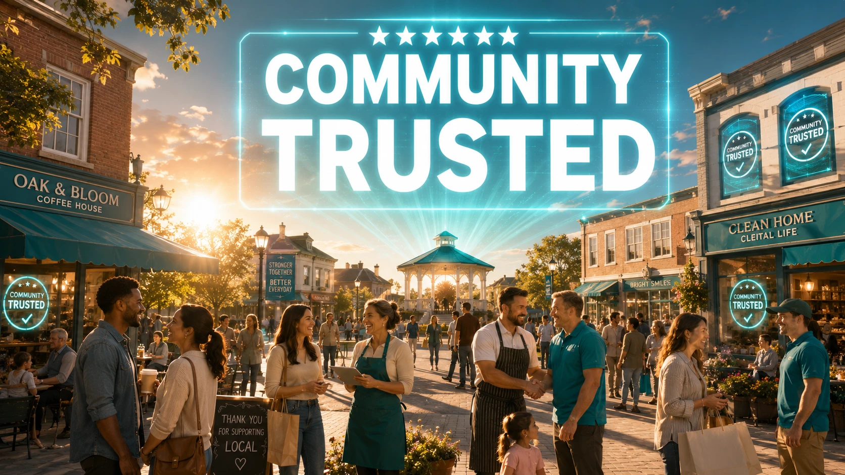 A diverse group of happy local residents interacting in a sunlit town square with various local business storefronts in the background