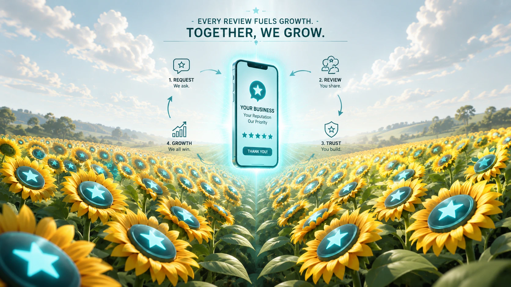 A landscape of sunflowers with Teal star centers all turning to face a central glowing smartphone