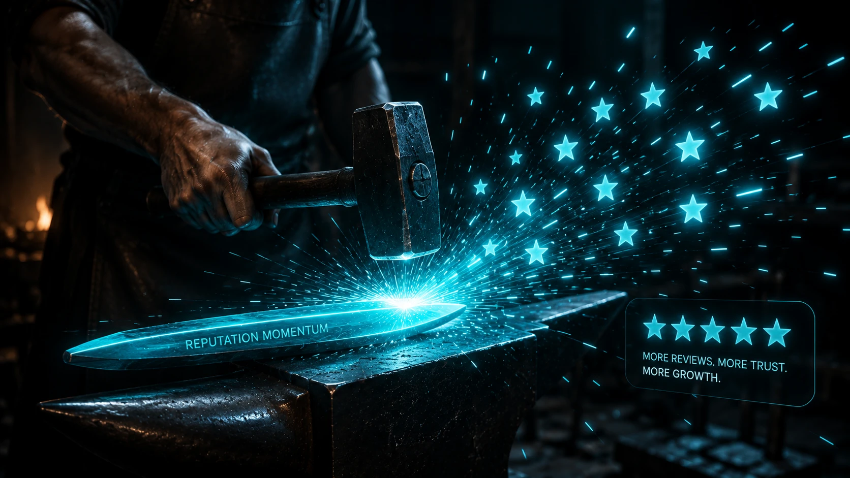A blacksmith hammering a glowing Teal blade, with sparks flying that turn into Teal review stars
