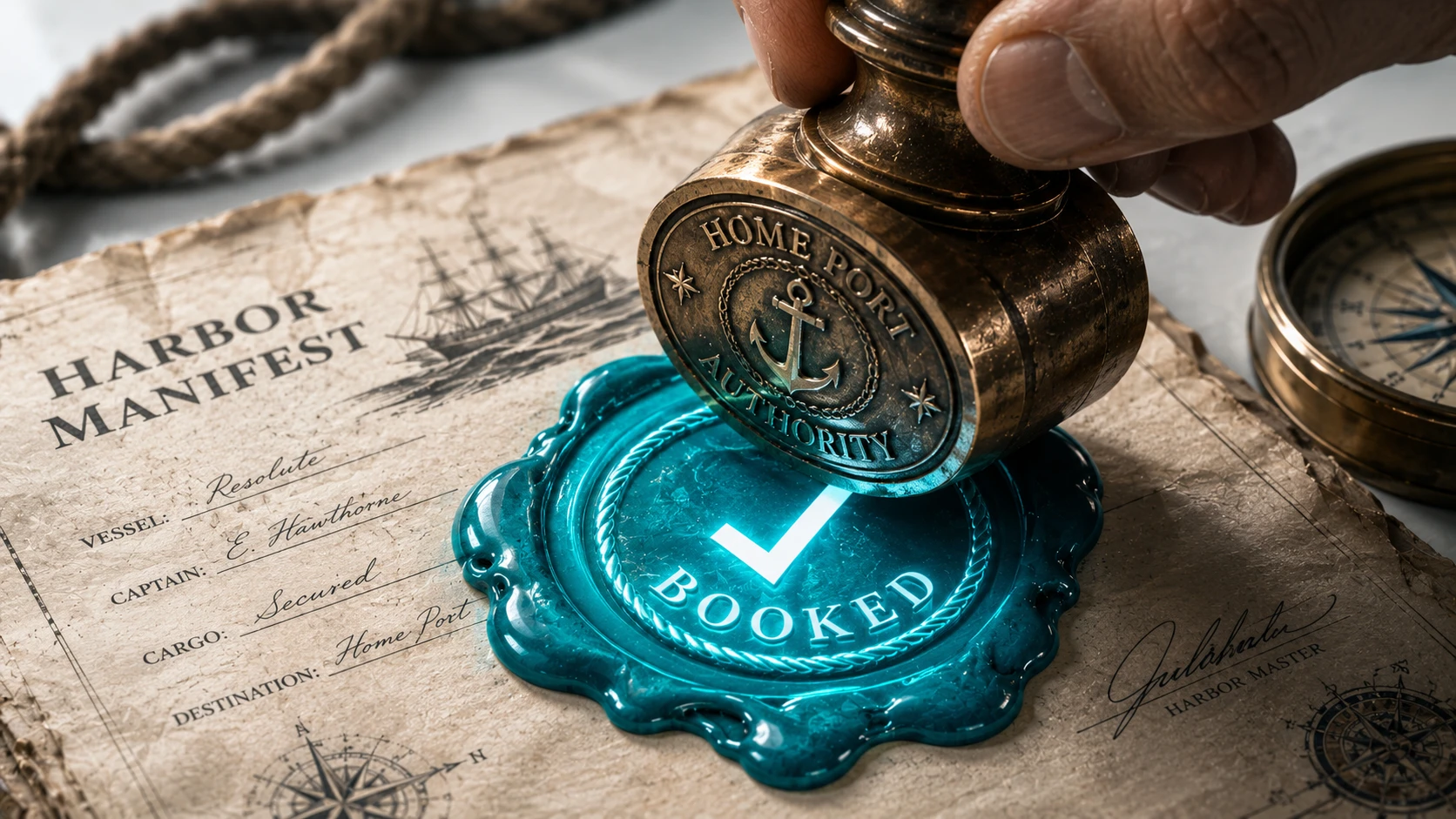 A close-up of a heavy brass seal being pressed into glowing Teal wax on a ship's manifest, leaving a clean 'Booked' mark