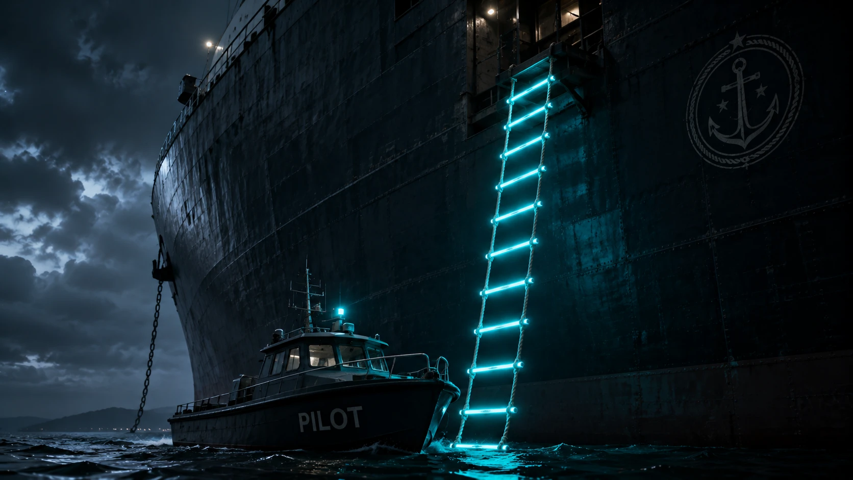 A rope ladder made of glowing Teal light hanging from the side of a massive ship, leading down to a small, waiting pilot boat