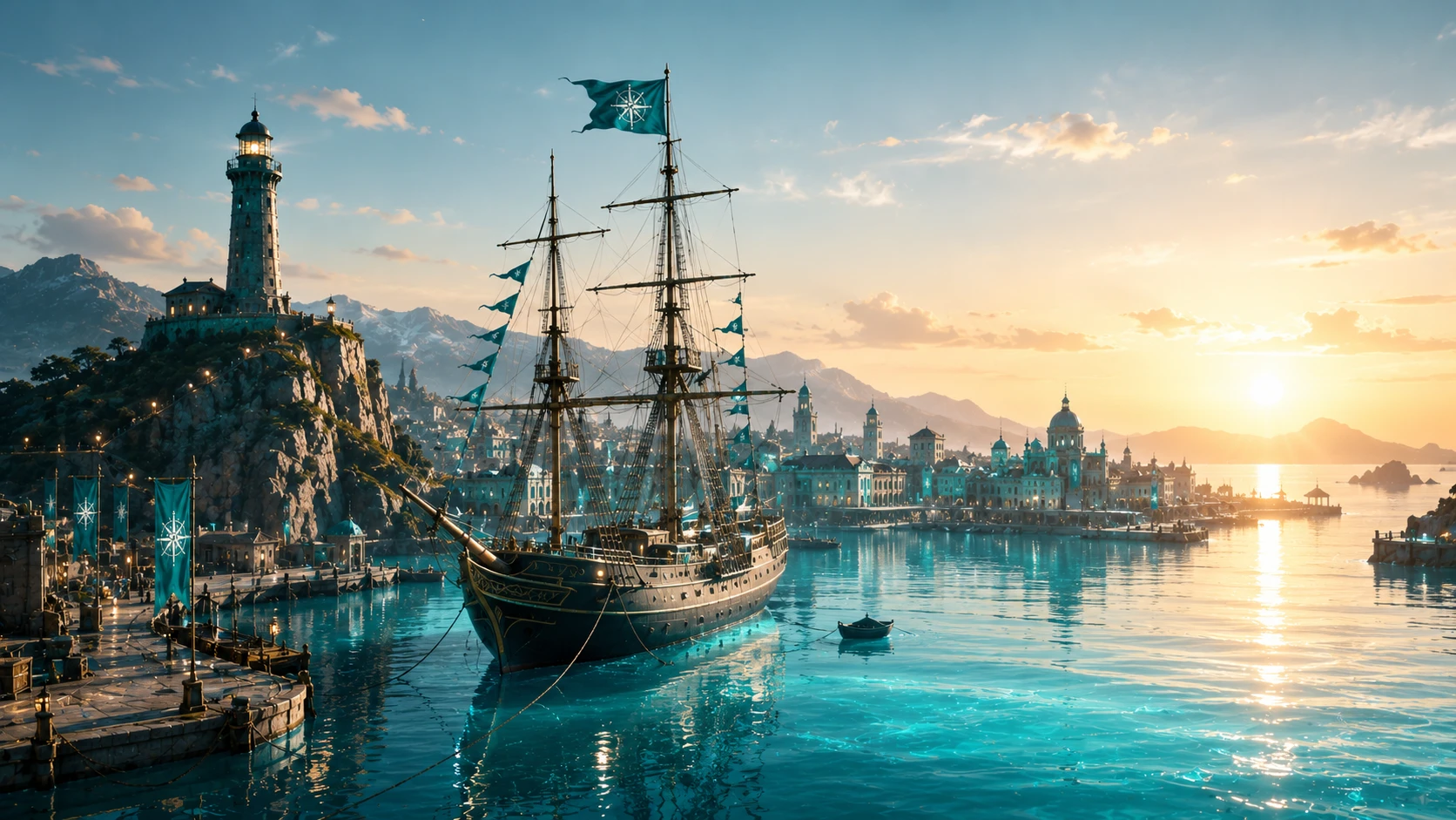 A wide shot of a peaceful Teal harbor at sunrise, with a single ship safely anchored and the lighthouse beam fading into the morning light