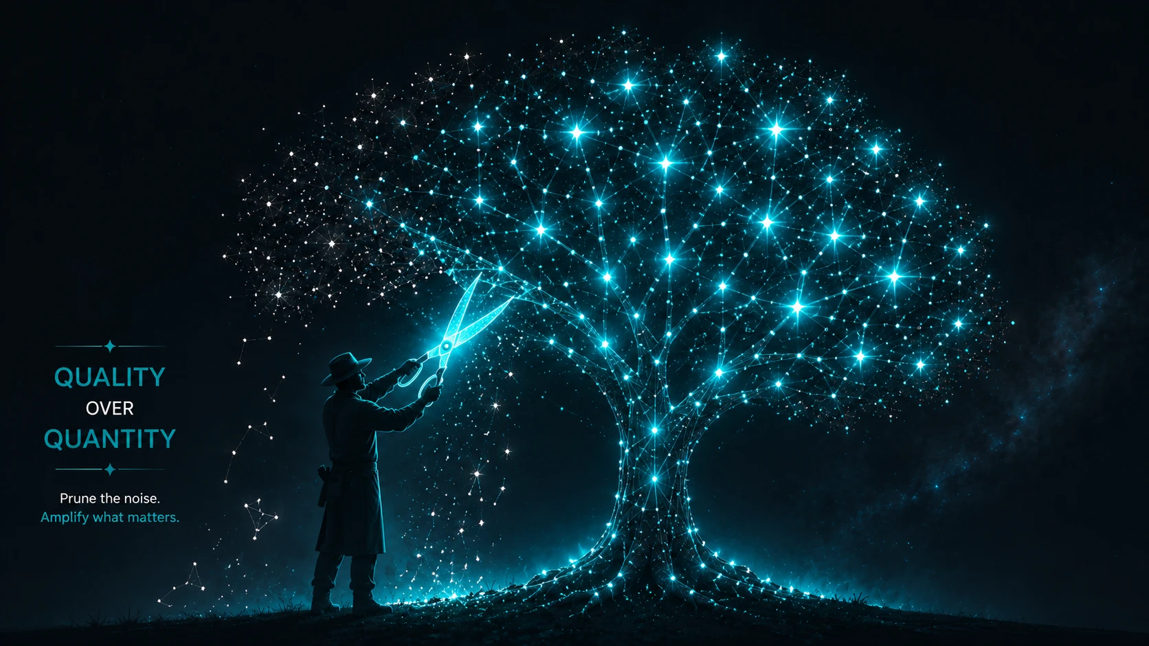 A silhouette of a gardener using glowing Teal shears to prune a constellation of data points
