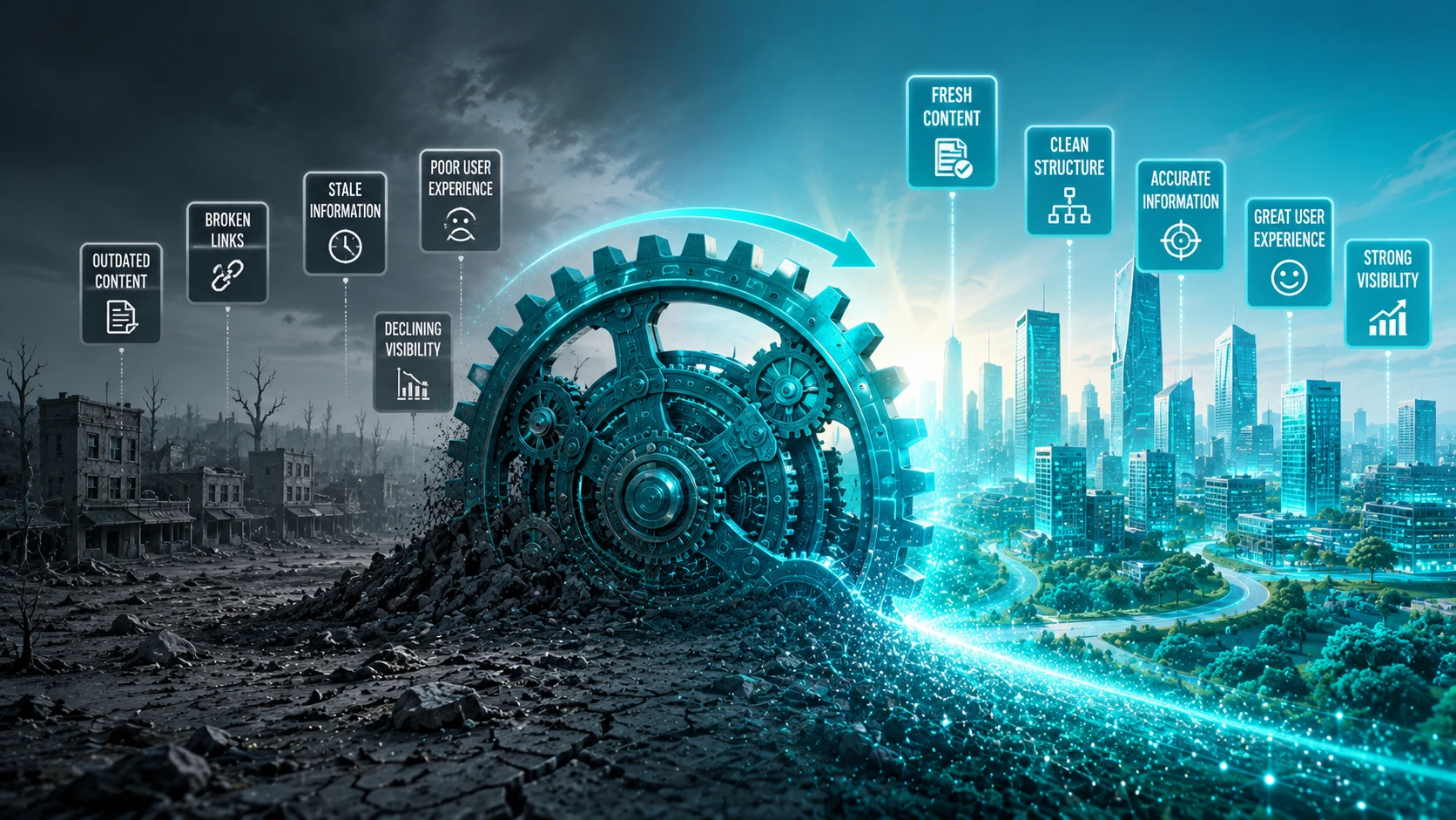 An intricate Teal clockwork wheel that turns a gray landscape into a bright, colorful Teal city