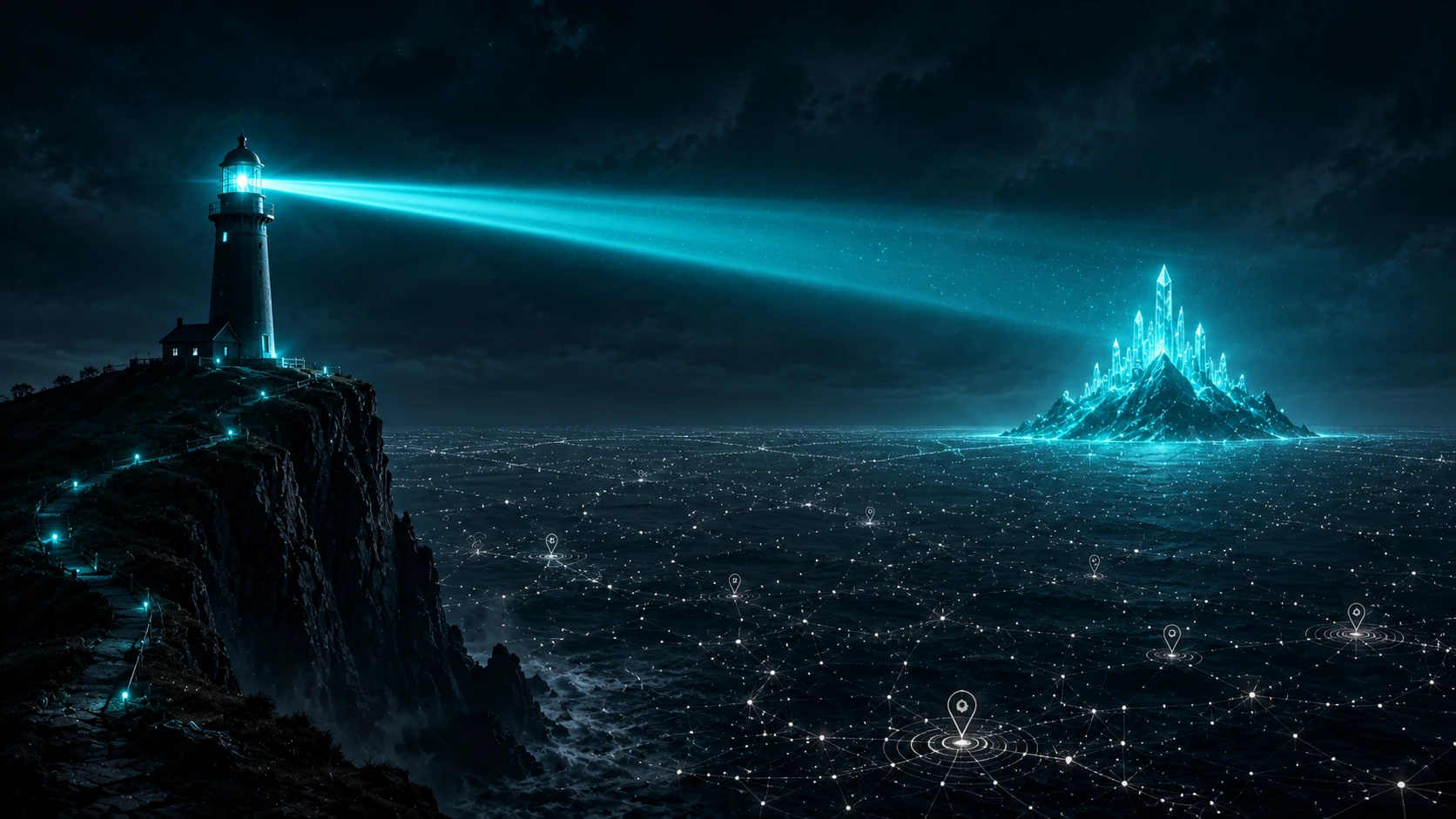 A lone lighthouse on a dark cliff, casting a massive Teal beam of light across a digital sea