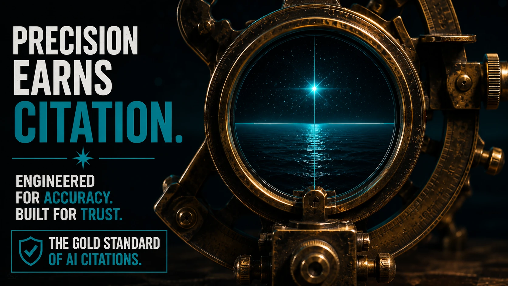 Close-up of a sextant lens where a horizon line and a brilliant Teal star are perfectly aligned