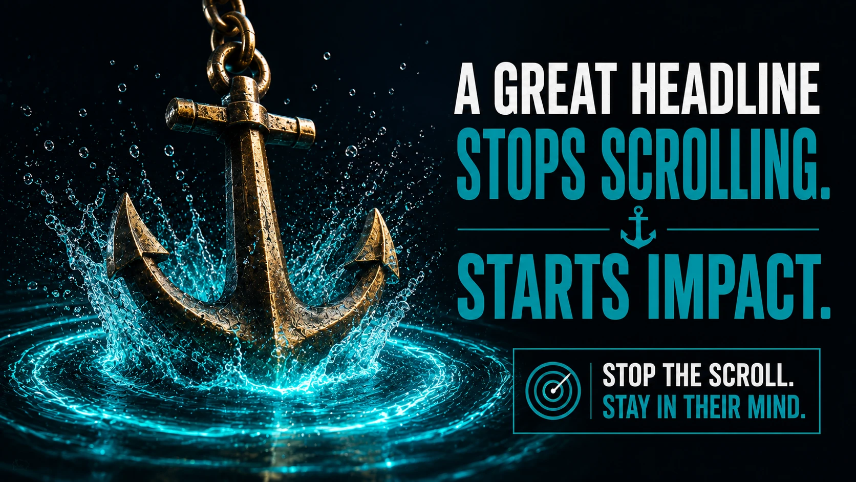 A heavy brass anchor splashing into clear Teal water, sending out a circle of glowing Light Teal ripples