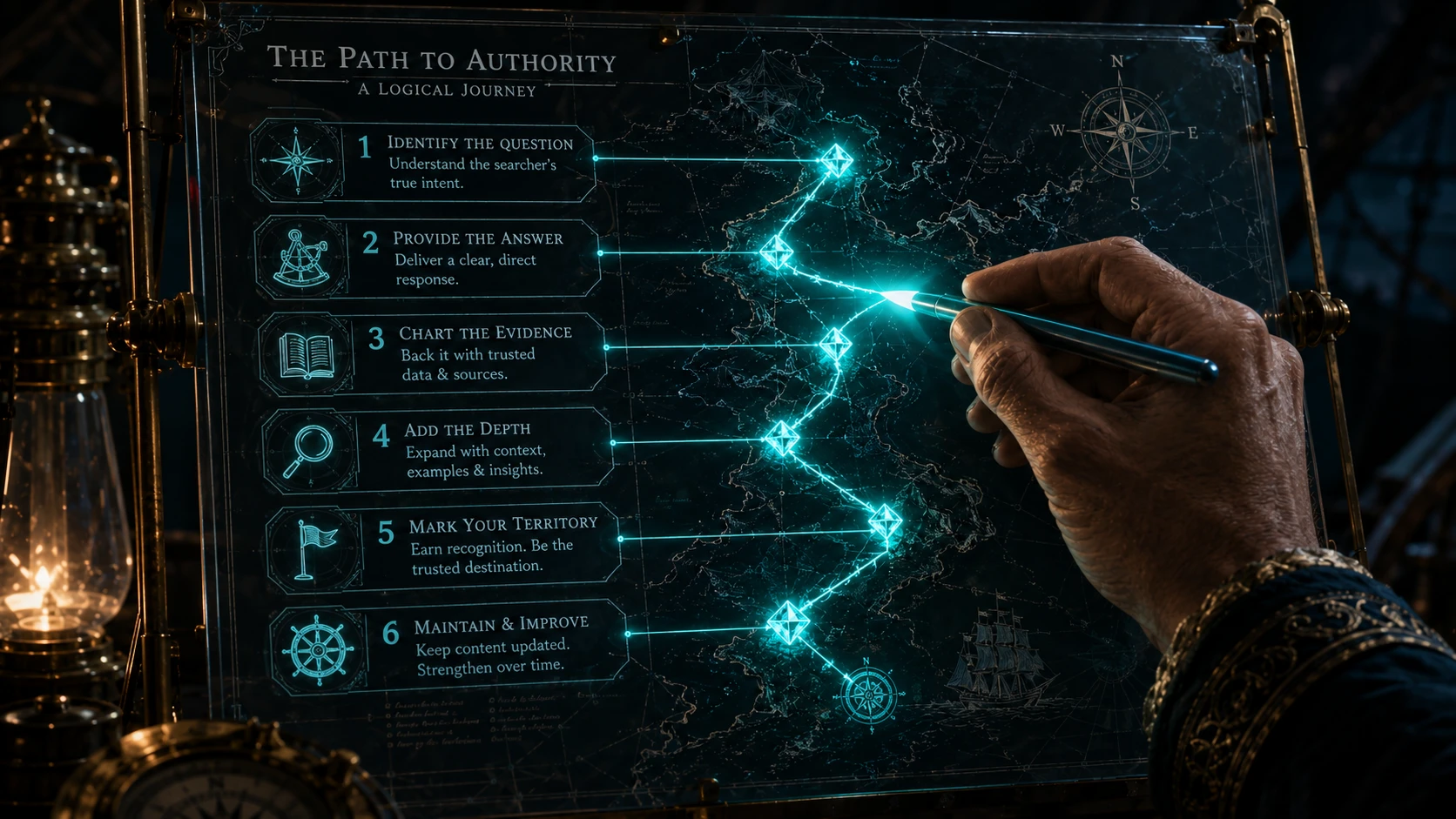 A hand using a glowing Teal stylus to trace a complex route on a transparent glass chart, with every milestone lighting up