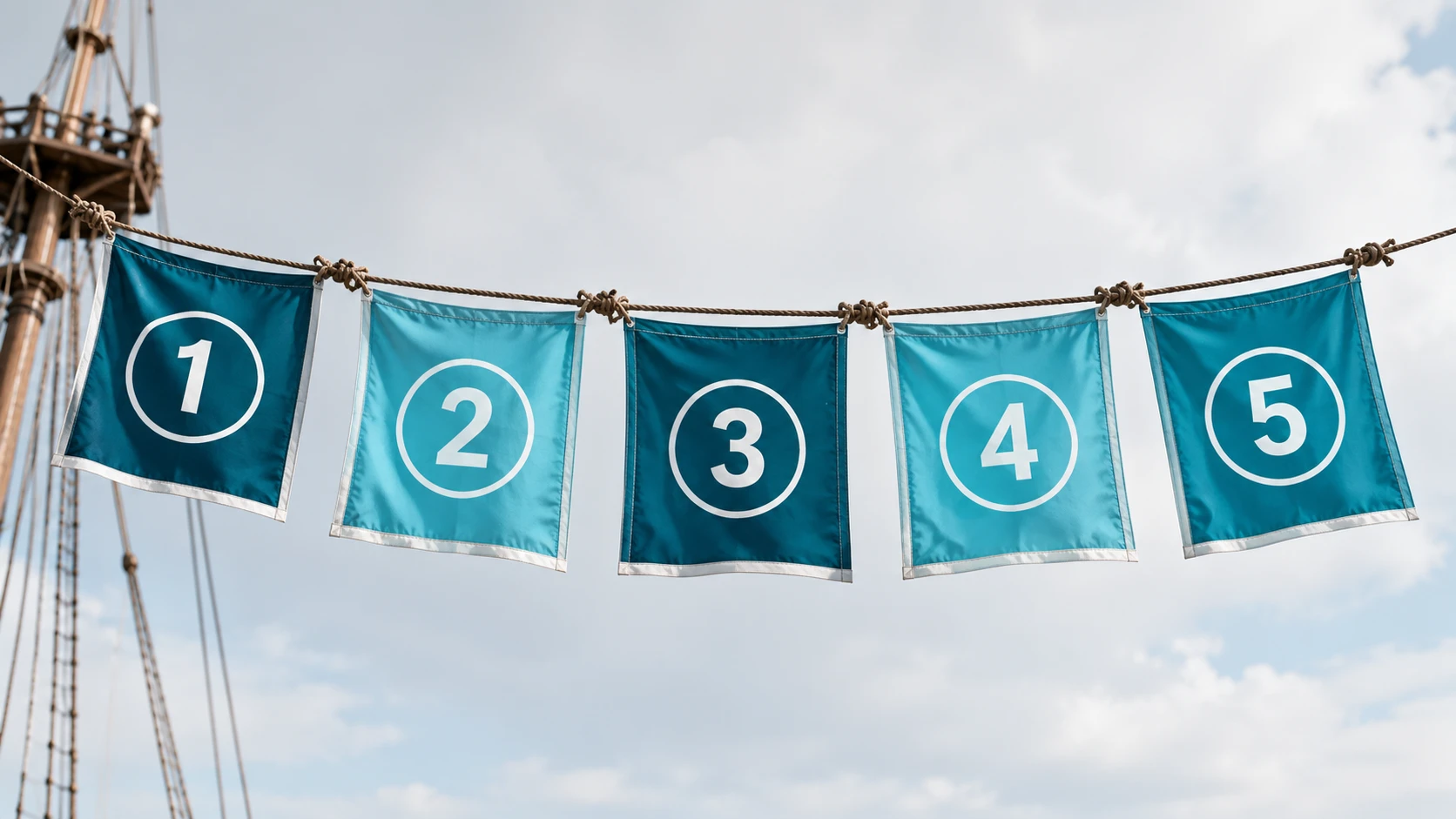 A series of Teal and Light Teal signal flags hanging from a ship's line, each flag featuring a simple geometric 'Step' icon
