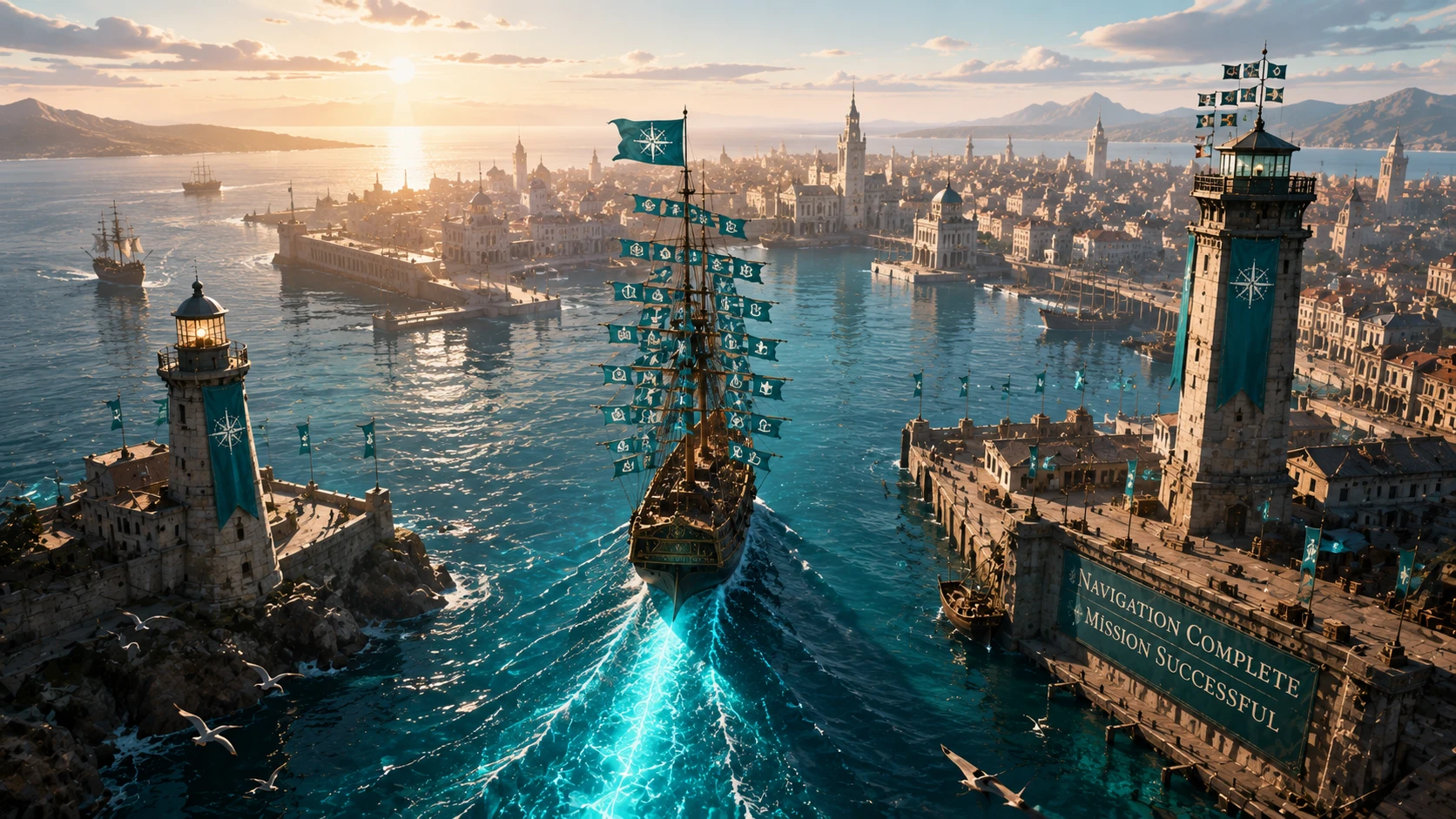 A bird's-eye view of a ship entering a harbor at sunrise, with every signal flag flying and a Teal wake trailing behind