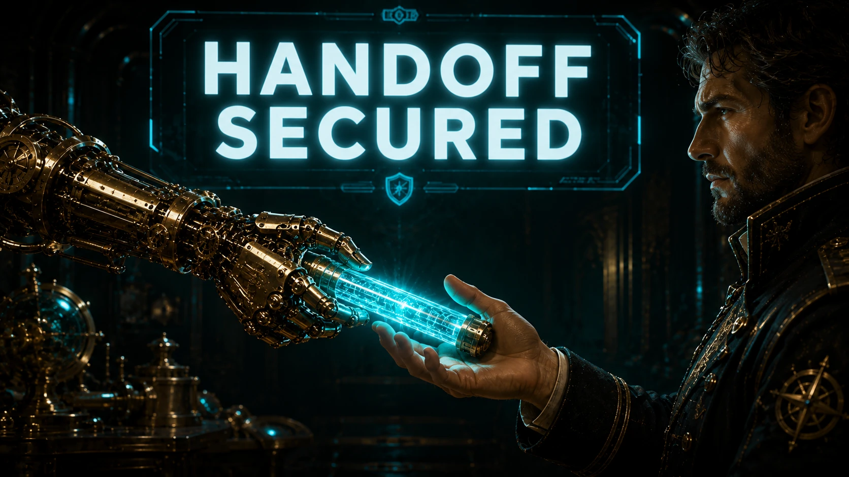 A mechanical brass hand passing a glowing Teal baton to a human hand against a dark, dramatic background