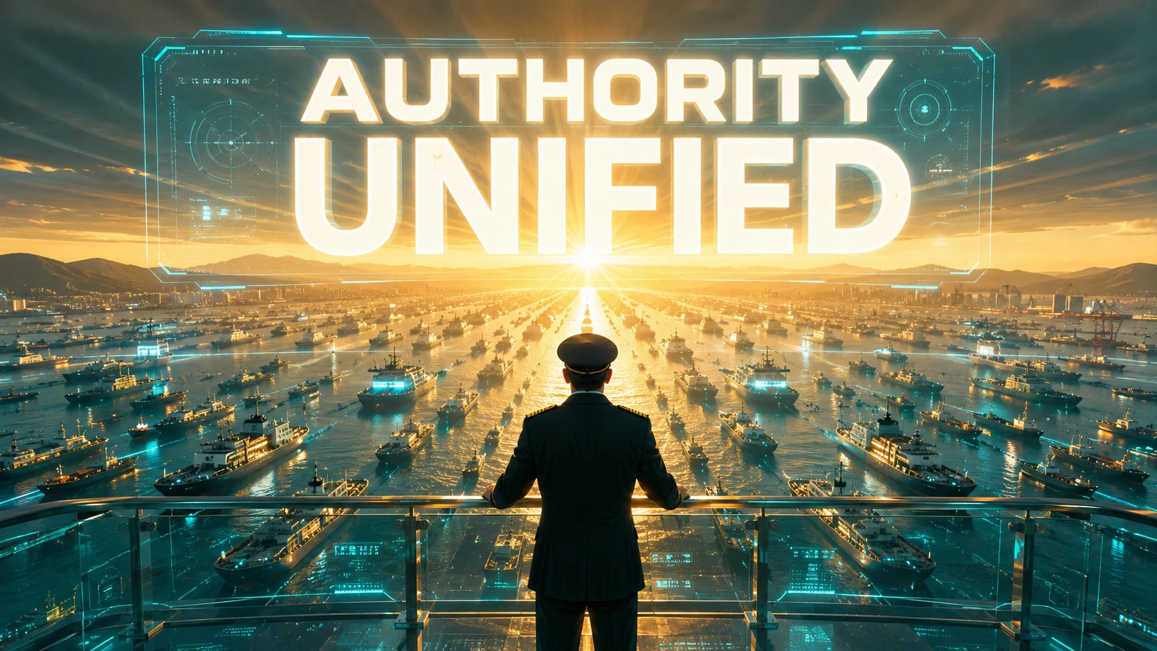 A human in a navigator's uniform looking out from a glass balcony at a vast, perfectly synchronized fleet of ships in a golden sunrise harbor