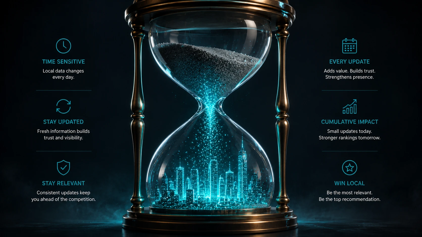 An elegant hourglass where the falling sand is actually glowing Teal data points, forming a city skyline at the bottom
