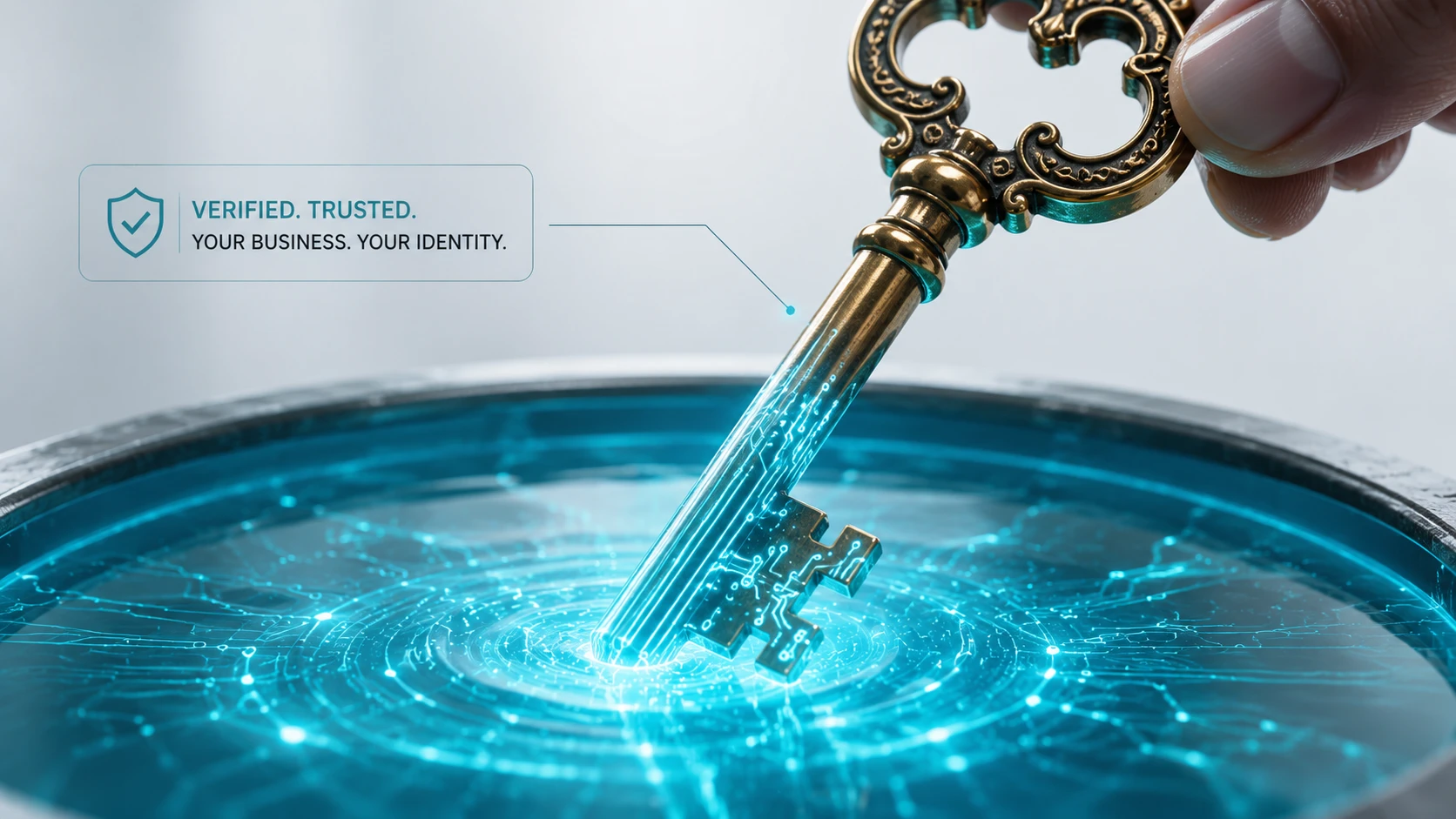 An ornate golden key being dipped into a pool of glowing Teal light, revealing a digital circuit pattern