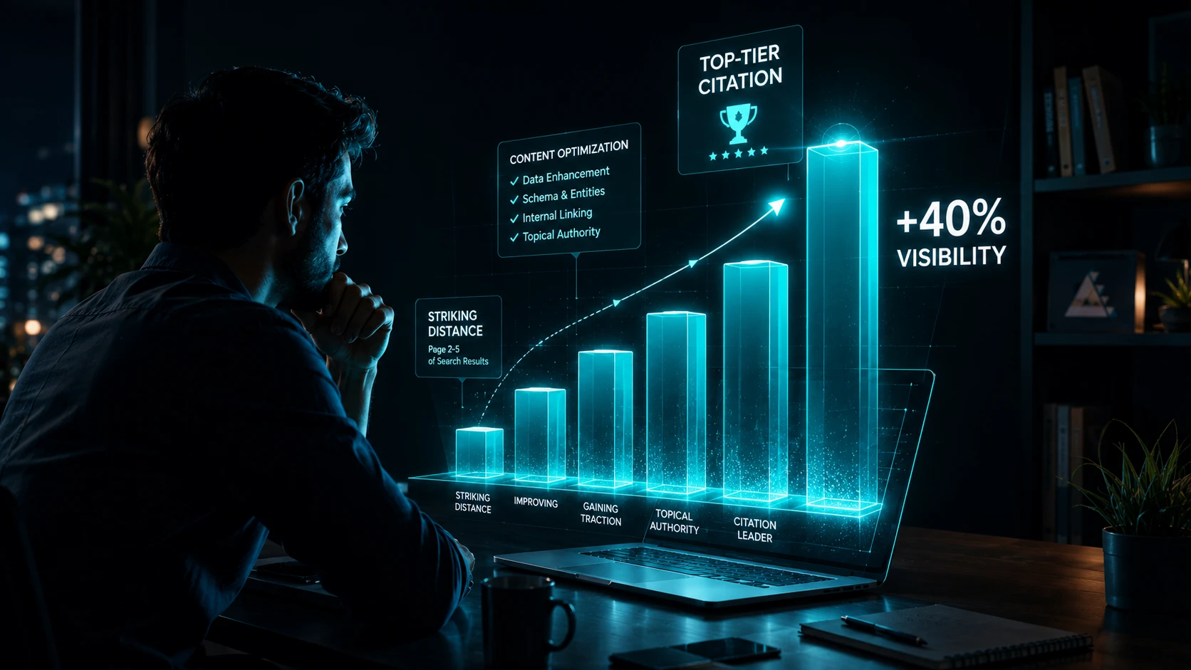 A thick Teal line showing a sharp upward trend on a minimalist grid