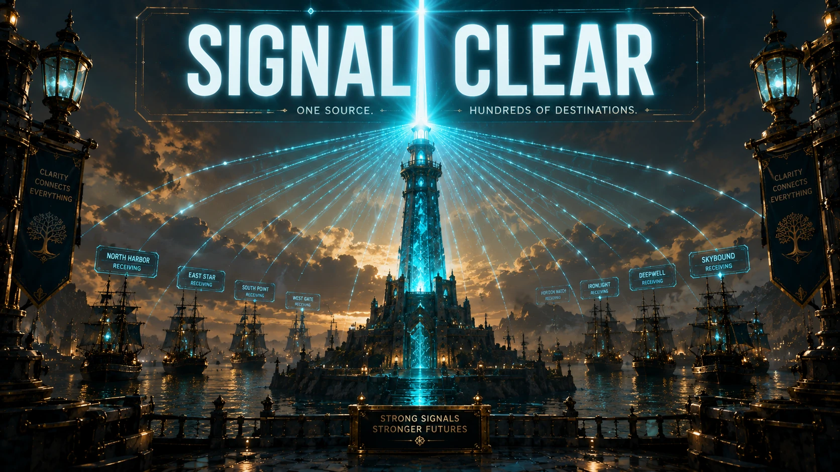 A glowing Teal landmark at the center of a harbor, sending a single, massive beam of light that splits into hundreds of smaller signals directed at ships