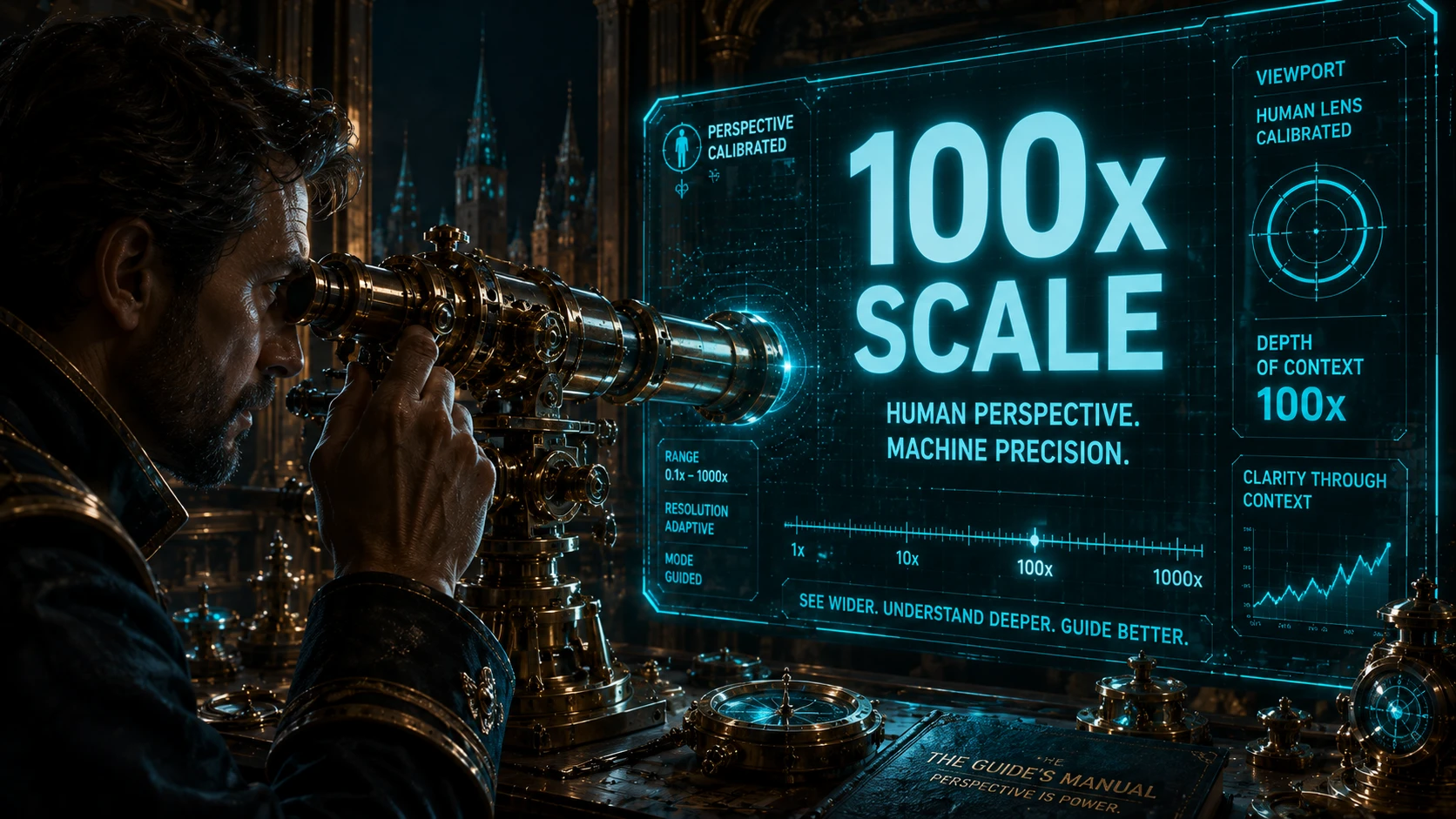A human profile looking through a brass telescope, with a large, readable scale overlay showing Teal measurements