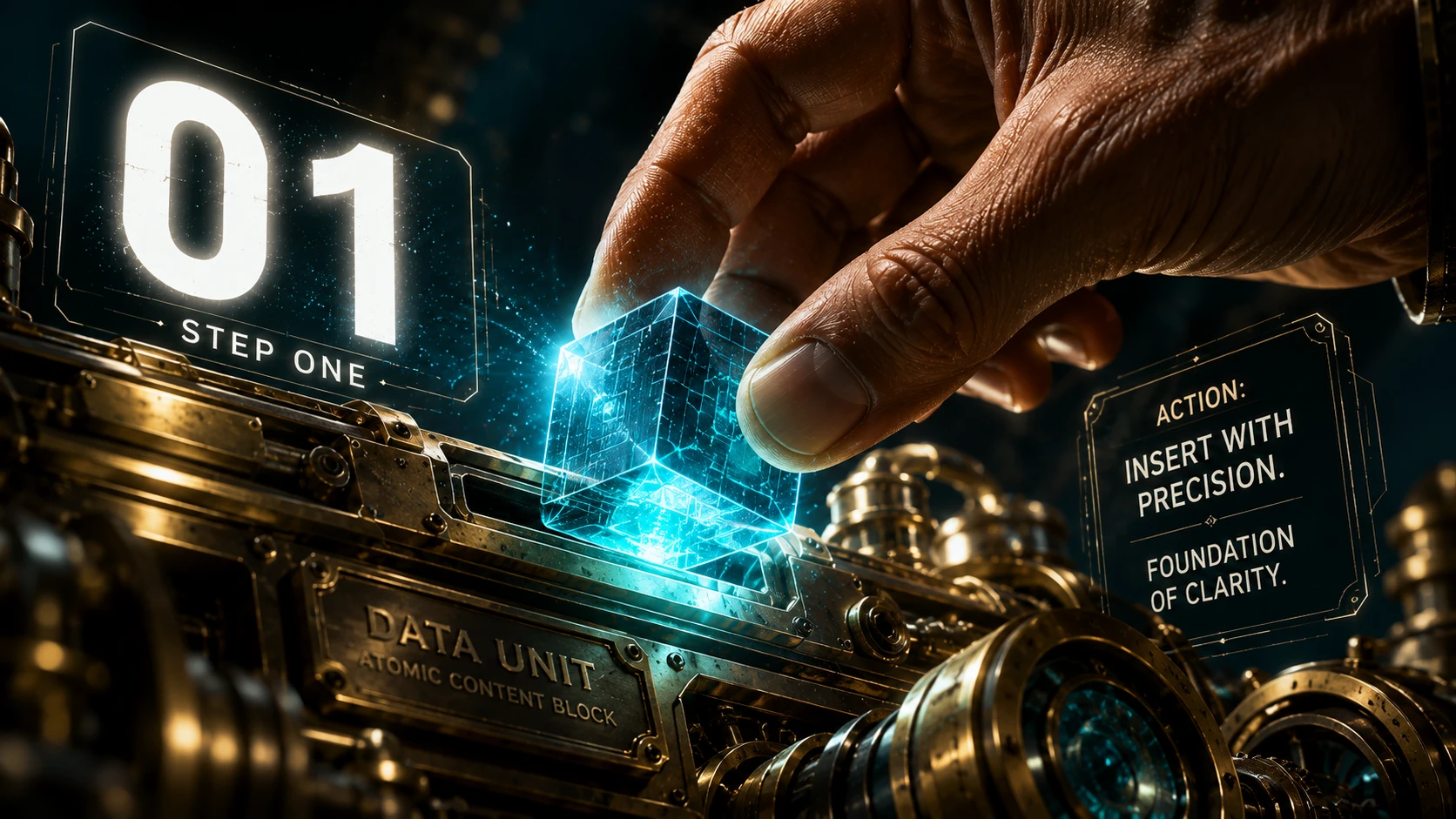 A close-up of a human hand placing a glowing Teal cube into a complex brass machine, with a large step number hovering in the air