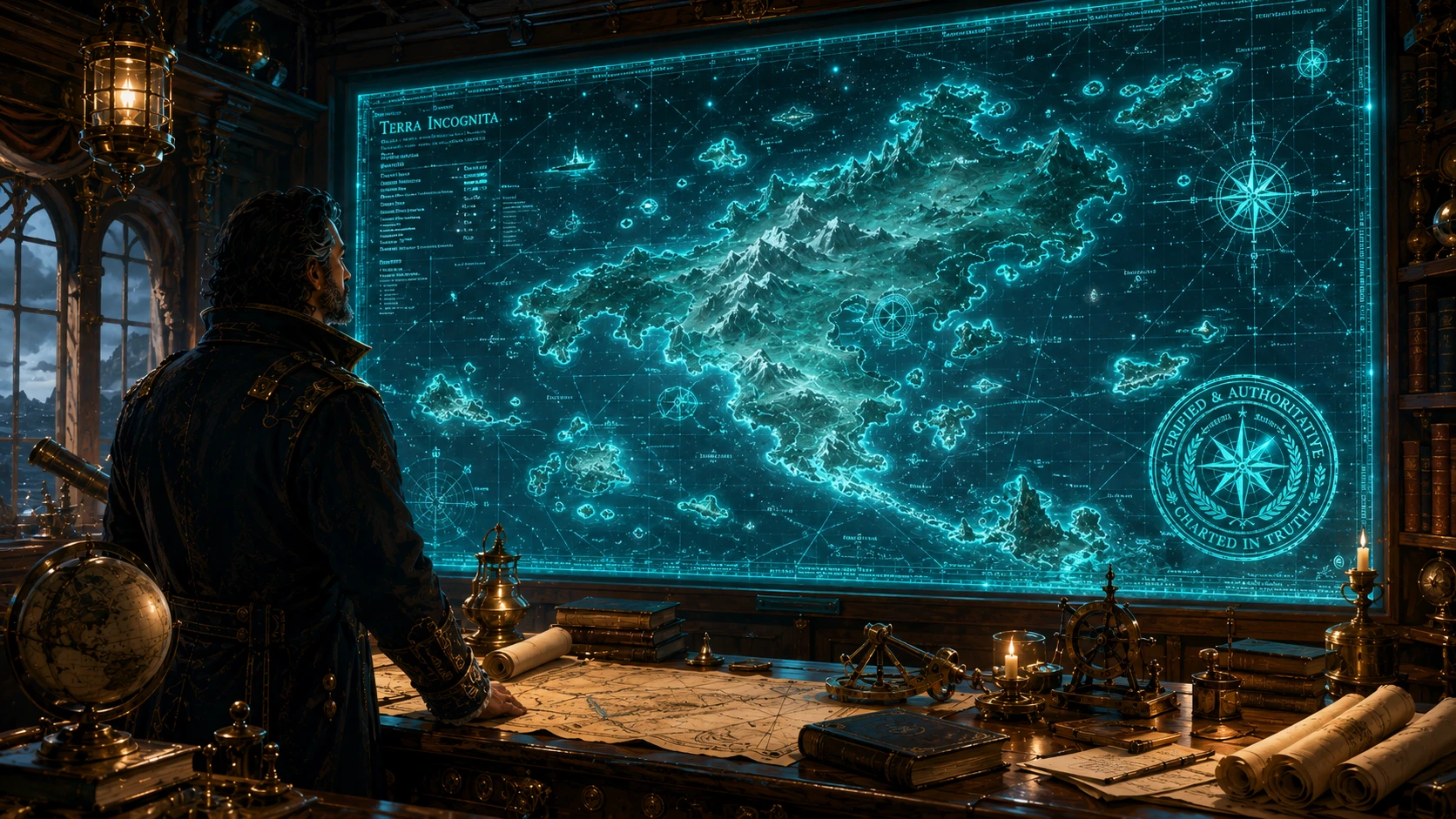 An expansive view of a office where a massive, glowing Teal map covers the entire wall, showing every detail of a new land