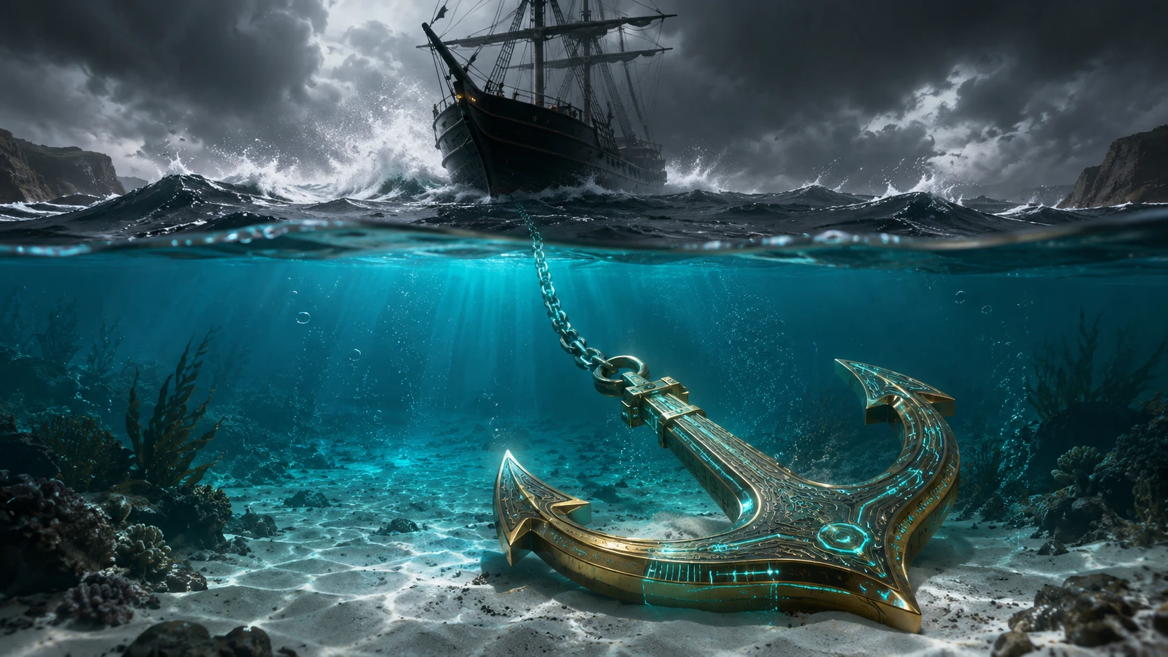 A massive golden anchor resting on the seabed, glowing with Teal energy and holding a ship steady in a storm