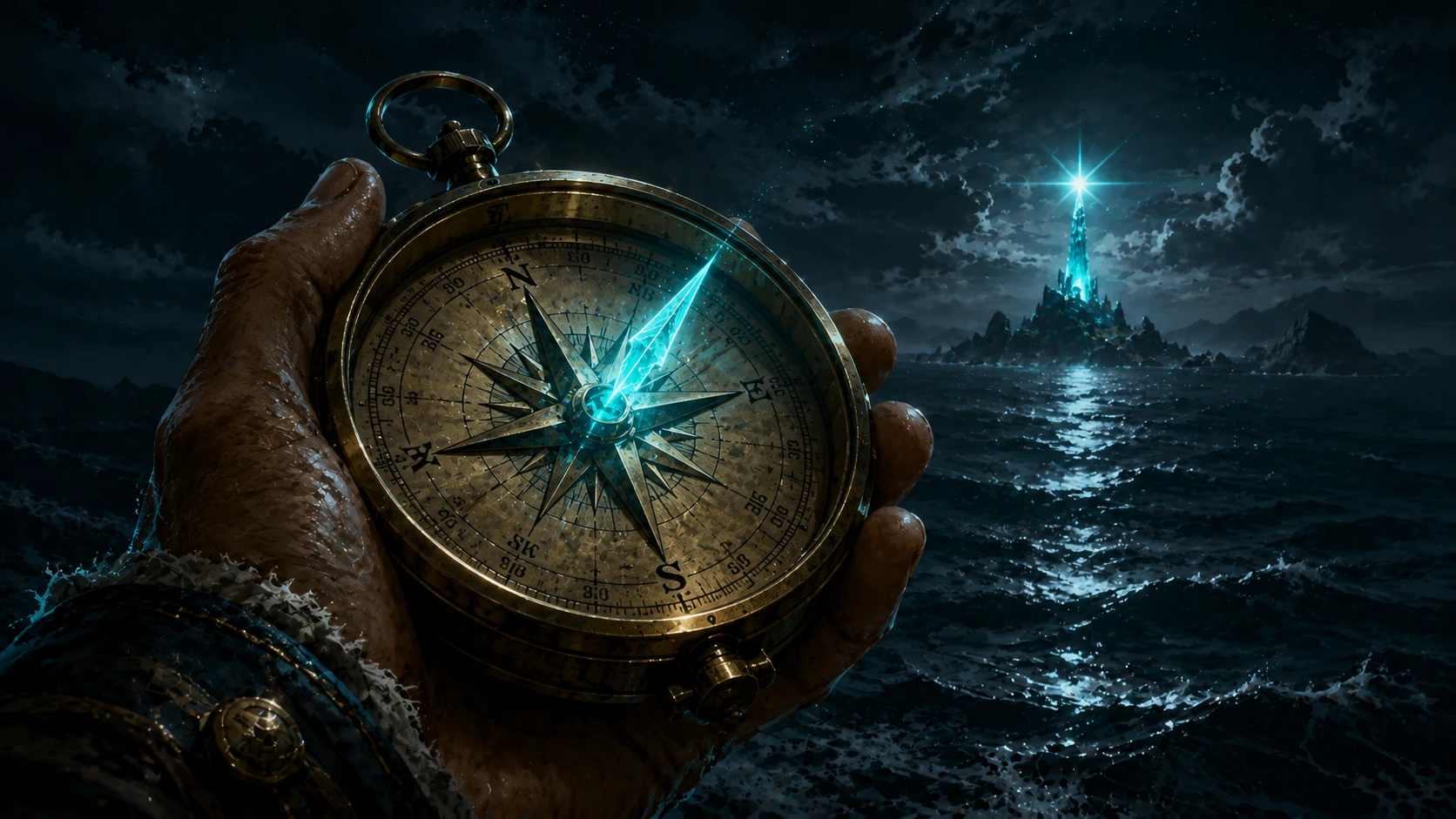 A close-up of a hand holding an ornate brass instrument where the needle is a single, sharp shard of Teal light pointing at a distant signal