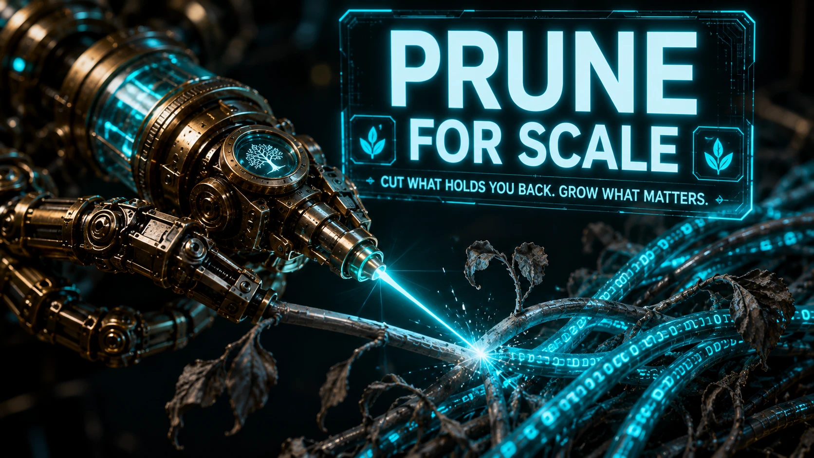 A mechanical brass hand with Teal laser-cutters precisely trimming a digital vine representing code and content