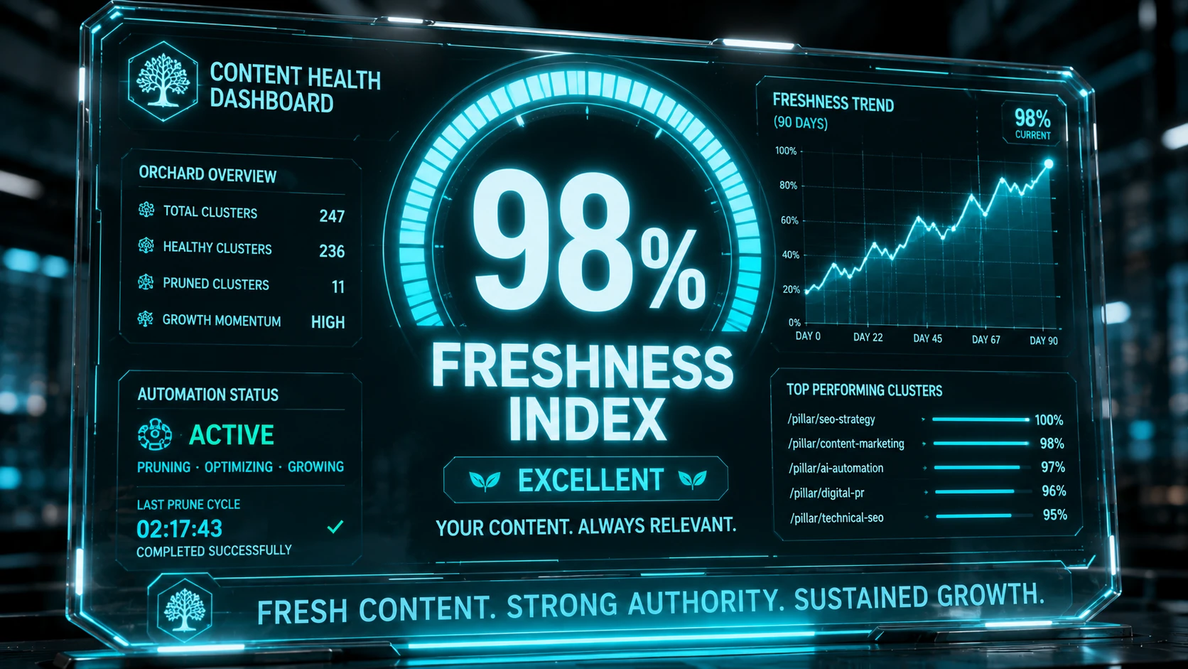 A modern glass control panel showing a glowing Teal graph indicating a high Freshness Index