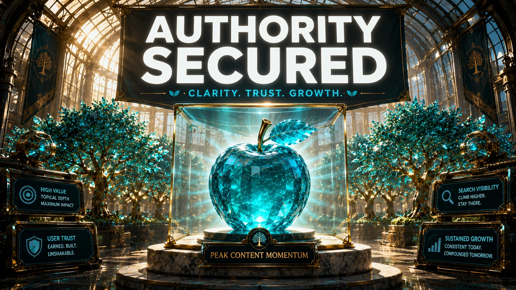 A single, massive glowing Teal fruit in a glass case, reflecting a perfectly manicured digital orchard in the background