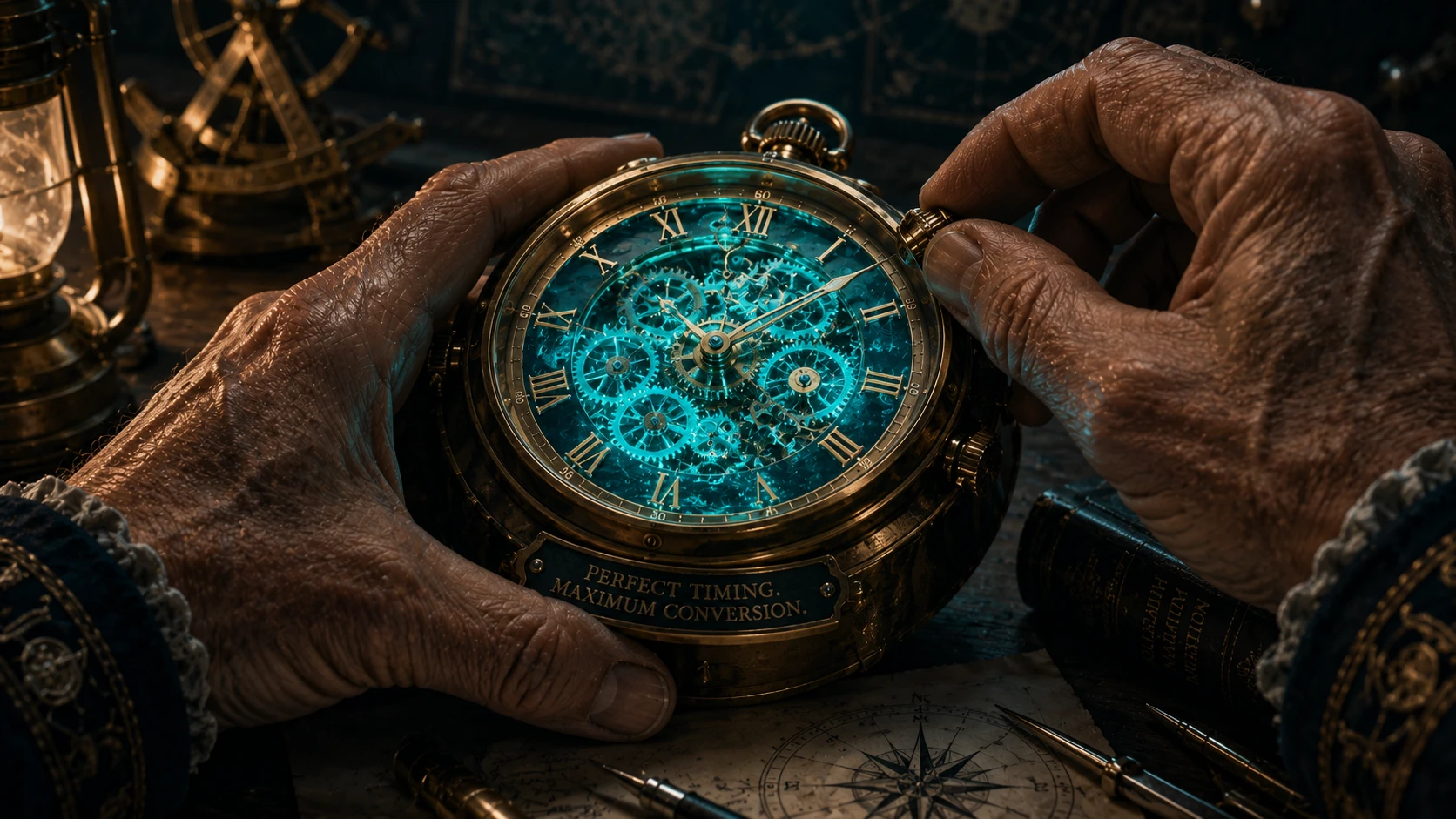 Close-up of a hand adjusting a glowing Teal brass chronometer, with every gear perfectly aligned and humming