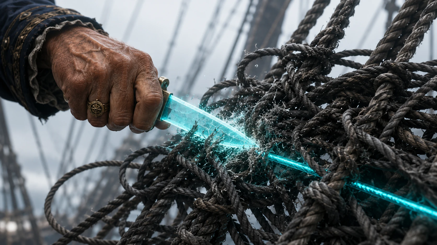 A master analyst's hands using a glowing Teal knife to cut away tangled gray ropes, revealing a clean, simple line of light