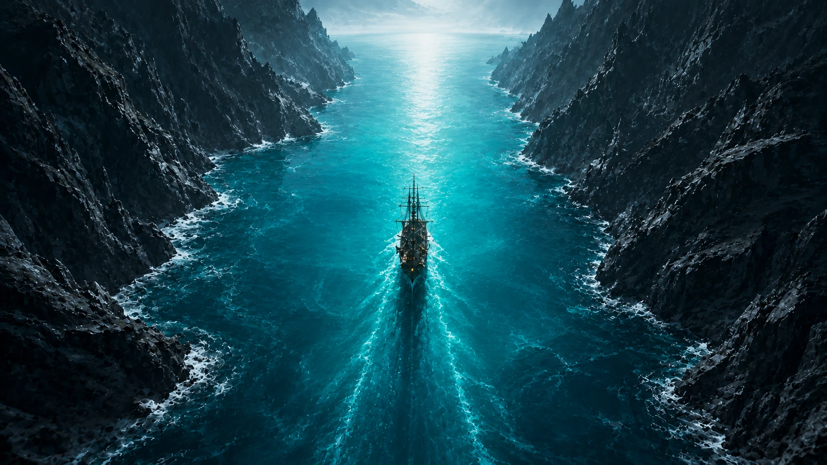 A bird's-eye view of a ship sailing through a calm, glowing Teal channel between two jagged, dark rock walls